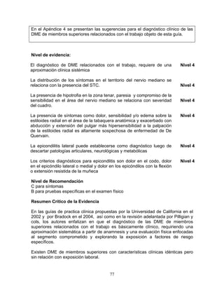 En el Apéndice 4 se presentan las sugerencias para el diagnóstico clínico de las
DME de miembros superiores relacionados con el trabajo objeto de esta guía.



Nivel de evidencia:

El diagnóstico de DME relacionados con el trabajo, requiere de una            Nivel 4
aproximación clínica sistémica

La distribución de los síntomas en el territorio del nervio mediano se
relaciona con la presencia del STC.                                           Nivel 4

La presencia de hipotrofia en la zona tenar, paresia y compromiso de la
sensibilidad en el área del nervio mediano se relaciona con severidad         Nivel 4
del cuadro.

La presencia de síntomas como dolor, sensibilidad y/o edema sobre la          Nivel 4
estiloides radial en el área de la tabaquera anatómica y exacerbado con
abducción y extensión del pulgar más hipersensibilidad a la palpación
de la estiloides radial es altamente sospechosa de enfermedad de De
Quervain.

La epicondilitis lateral puede establecerse como diagnóstico luego de         Nivel 4
descartar patologías articulares, neurológicas y metabólicas

Los criterios diagnósticos para epicondlitis son dolor en el codo, dolor      Nivel 4
en el epicóndilo lateral o medial y dolor en los epicóndilos con la flexión
o extensión resistida de la muñeca

Nivel de Recomendación
C para síntomas
B para pruebas específicas en el examen físico

Resumen Crítico de la Evidencia

En las guías de practica clínica propuestas por la Universidad de California en el
2002 y por Bradock en el 2004, así como en la revisión adelantada por Pilligian y
cols, los autores enfatizan en que el diagnóstico de las DME de miembros
superiores relacionados con el trabajo es básicamente clínico, requiriendo una
aproximación sistemática a partir de anamnesis y una evaluación física enfocadas
al segmento comprometido y explorando la exposición a factores de riesgo
específicos.

Existen DME de miembros superiores con características clínicas idénticas pero
sin relación con exposición laboral.


                                          77
 