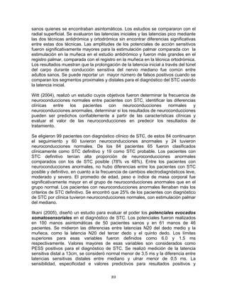 sanos quienes se encontraban asintomáticos. Los estudios se compararon con el
radial superficial. Se evaluaron las latencias iniciales y las latencias pico mediante
las dos técnicas antidrómica y ortodrómica sin encontrar diferencias significativas
entre estas dos técnicas. Las amplitudes de los potenciales de acción sensitivos
fueron significativamente mayores para la estimulación palmar comparada con la
estimulación en la muñeca en el estudio antidrómico y fueron más grandes en el
registro palmar, comparada con el registro en la muñeca en la técnica ortodrómica.
Los resultados muestran que la prolongación de la latencia inicial a través del túnel
del carpo durante conducción sensitiva del nervio mediano fue común entre
adultos sanos. Se puede reportar un mayor número de falsos positivos cuando se
comparan los segmentos proximales y distales para el diagnóstico del STC usando
la latencia inicial.

Witt (2004), realizò un estudio cuyos objetivos fueron determinar la frecuencia de
neuroconducciones normales entre pacientes con STC, identificar las diferencias
clínicas   entre    los   pacientes    con    neuroconducciones      normales    y
neuroconducciones anormales, determinar si los resultados de neuroconducciones
pueden ser predichos confiablemente a partir de las características clínicas y
evaluar el valor de las neuroconducciones en predecir los resultados de
tratamiento.

Se eligieron 99 pacientes con diagnóstico clínico de STC, de estos 84 continuaron
el seguimiento y 60 tuvieron neuroconducciones anormales y 24 tuvieron
neuroconducciones normales. De los 84 pacientes 65 fueron clasificados
clínicamente como STC definitivo y 19 como STC probable. Los pacientes con
STC definitivo tenían alta proporción de neuroconducciones anormales
comparados con los de STC posible (78% vs 48%). Entre los pacientes con
neuroconducciones anormales, no hubo diferencias entre los pacientes con STC
posible y definitivo, en cuanto a la frecuencia de cambios electrodiagnósticos leve,
moderado y severo. El promedio de edad, peso e índice de masa corporal fue
significativamente mayor en el grupo de neuroconducciones anormales que en el
grupo normal. Los pacientes con neuroconducciones anormales llenaban más los
criterios de STC definitivo. Se encontró que 25% de los pacientes con diagnóstico
de STC por clínica tuvieron neuroconducciones normales, con estimulación palmar
del mediano.

Ilkani (2005), diseñò un estudio para evaluar el poder los potenciales evocados
somatosensoriales en el diagnóstico de STC. Los potenciales fueron realizados
en 100 manos asintomáticas de 50 pacientes sanos y en 61 manos de 46
pacientes. Se midieron las diferencias entre latencias N20 del dedo medio y la
muñeca, como la latencia N20 del tercer dedo y el quinto dedo. Los límites
superiores para esas variables fueron definidos como 6.0 y 1.5 ms
respectivamente. Valores mayores de esas variables son considerados como
PESS positivos para el diagnóstico de STC. Se realizó medición de la latencia
sensitiva distal a 13cm, se consideró normal menor de 3,5 ms y la diferencia entre
latencias sensitivas distales entre mediano y ulnar menor de 0,5 ms. La
sensibilidad, especificidad e valores predictivos para resultados positivos y


                                         89
 