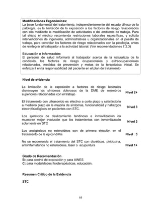 Modificaciones Ergonómicas:
La base fundamental del tratamiento, independientemente del estado clínico de la
patología, es la limitación de la exposición a los factores de riesgo relacionados
con ella mediante la modificación de actividades o del ambiente de trabajo. Para
tal efecto el médico recomienda restricciones laborales específicas, y solicita
intervenciones de ingeniería, administrativas u organizacionales en el puesto de
trabajo, para controlar los factores de riesgo relacionados con la patología, antes
de reintegrar al trabajador a la actividad laboral. (Ver recomendaciones 7.2.3)

Educación e Información:
El personal de salud informará al trabajador acerca de la naturaleza de la
condición, los factores de riesgo ocupacionales y extraocupacionales
relacionados, medidas de prevención y metas de la terapéutica inicial. Se
enfatizará en la responsabilidad del paciente en el plan de tratamiento


Nivel de evidencia

La limitación de la exposición a factores de riesgo laborales
disminuyen los síntomas dolorosos de la DME de miembros
                                                                           Nivel 2+
superiores relacionadas con el trabajo

El tratamiento con ultrasonido es efectivo a corto plazo y satisfactorio
a mediano plazo en la mejoría de síntomas, funcionalidad y hallazgos
                                                                            Nivel 3
electrofisiológicos en pacientes con STC.

Los ejercicios de deslizamiento tendinoso e inmovilización no
muestran mejor evolución que los tratamientos con inmovilización
                                                                            Nivel 3
solamente en STC

Los analgésicos no esteroideos son de primera elección en el
tratamiento de la epicondilitis                                            Nivel 3

No se recomienda el tratamiento del STC con diuréticos, piridoxina,
antiinflamatorios no esteroideos, láser o acupuntura                       Nivel 1+


Grado de Recomendación
B: para control de exposición y para AINES
C: para modalidades fisioterapéuticas, educación.


Resumen Crítico de la Evidencia

STC




                                         95
 