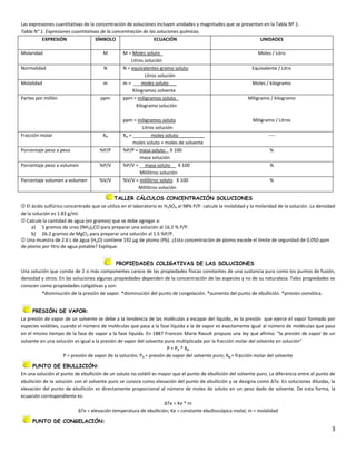 Las expresiones cuantitativas de la concentración de soluciones incluyen unidades y magnitudes que se presentan en la Tabla Nº 1:
Tabla N° 1. Expresiones cuantitativas de la concentración de las soluciones químicas.
          EXPRESIÓN                 SÍMBOLO                    ECUACIÓN                                       UNIDADES

Molaridad                              M        M = Moles soluto_                                                Moles / Litro
                                                    Litros solución
Normalidad                             N        N = equivalentes-gramo soluto                                 Equivalente / Litro
                                                           Litros solución
Molalidad                              m        m = ___moles soluto___                                        Moles / kilogramo
                                                     Kilogramos solvente
Partes por millón                     ppm       ppm = miligramos soluto_                                    Miligramo / kilogramo
                                                       Kilogramo solución

                                                ppm = miligramos soluto                                       Miligramo / Litros
                                                         Litros solución
Fracción molar                         XA       XA = _______moles soluto__________                                    ----
                                                     moles soluto + moles de solvente
Porcentaje peso a peso               %P/P       %P/P = masa soluto_ X 100                                             %
                                                        masa solución
Porcentaje peso a volumen            %P/V       %P/V = __masa soluto__ X 100                                          %
                                                        Mililitros solución
Porcentaje volumen a volumen         %V/V       %V/V = mililitros soluto X 100                                        %
                                                       Mililitros solución

                                            TALLER CÁLCULOS CONCENTRACIÓN SOLUCIONES
 El ácido sulfúrico concentrado que se utiliza en el laboratorio es H2SO4 al 98% P/P. calcule la molalidad y la molaridad de la solución. La densidad
de la solución es 1.83 g/ml.
 Calcule la cantidad de agua (en gramos) que se debe agregar a:
     a) 5 gramos de urea (NH2)2CO para preparar una solución al 16.2 % P/P.
     b) 26.2 gramos de MgCl2 para preparar una solución al 1.5 %P/P.
 Una muestra de 2.6 L de agua (H2O) contiene 192 µg de plomo (Pb). ¿Esta concentración de plomo excede el límite de seguridad de 0.050 ppm
de plomo por litro de agua potable? Explique.


                                             PROPIEDADES COLIGATIVAS DE LAS SOLUCIONES
Una solución que conste de 2 o más componentes carece de las propiedades físicas constantes de una sustancia pura como los puntos de fusión,
densidad y otros. En las soluciones algunas propiedades dependen de la concentración de las especies y no de su naturaleza. Tales propiedades se
conocen como propiedades coligativas y son:
         ®disminución de la presión de vapor. ®disminución del punto de congelación. ®aumento del punto de ebullición. ®presión osmótica.


      PRESIÓN DE VAPOR:
La presión de vapor de un solvente se debe a la tendencia de las moléculas a escapar del líquido, es la presión que ejerce el vapor formado por
especies volátiles, cuando el número de moléculas que pasa a la fase líquida a la de vapor es exactamente igual al número de moléculas que pasa
en el mismo tiempo de la fase de vapor a la fase líquida. En 1887 Francois Marie Raoult propuso una ley que afirma: “la presión de vapor de un
solvente en una solución es igual a la presión de vapor del solvente puro multiplicada por la fracción molar del solvente en solución”
                                                                       P = P A * XA
                     P = presión de vapor de la solución; PA = presión de vapor del solvente puro; XA = fracción molar del solvente

      PUNTO DE EBULLICIÓN:
En una solución el punto de ebullición de un soluto no volátil es mayor que el punto de ebullición del solvente puro. La diferencia entre el punto de
ebullición de la solución con el solvente puro se conoce como elevación del punto de ebullición y se designa como ΔTe. En soluciones diluidas, la
elevación del punto de ebullición es directamente proporcional al número de moles de soluto en un peso dado de solvente. De esta forma, la
ecuación correspondiente es:
                                                                    ΔTe = Ke * m
                            ΔTe = elevación temperatura de ebullición; Ke = constante ebulloscópica molal; m = molalidad

     PUNTO DE CONGELACIÓN:
                                                                                                                                                    3
 