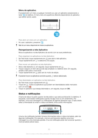 Menu de aplicativo
É possível abrir um menu a qualquer momento ao usar um aplicativo pressionando a
tecla do telefone. O menu terá uma aparência diferente dependendo do aplicativo
que estiver sendo usado.
Para abrir um menu em um aplicativo
• Ao usar o aplicativo, pressione .
Não há um menu disponível em todos os aplicativos.
Reorganizando a tela Aplicativo
Mova os aplicativos na tela Aplicativo de acordo com as suas preferências.
Para organizar os aplicativos na tela Aplicativo
1 Na Tela inicial, toque rapidamente em para abrir a tela aplicativo.
2 Toque rapidamente em e selecione uma opção.
Para mover um aplicativo na tela Aplicativo
1 Abra a tela Aplicativo e, em seguida, toque rapidamente em .
2 Toque e segure um item até que ele seja ampliado e o telefone vibre. Em seguida,
arraste o item para o novo local.
3 Toque rapidamente em para sair do modo de edição.
É possível mover os aplicativos somente quando estiver selecionado.
Para desinstalar um aplicativo na tela Aplicativo
1 Na Tela inicial, toque rapidamente em .
2 Toque em . Todos os aplicativos que podem ser desinstalados estão marcados
com um ícone .
3 Toque no aplicativo que deseja desinstalar e, em seguida, toque em OK.
Status e notificações
A barra de status na parte superior da tela exibe o que está acontecendo no telefone. À
esquerda, você recebe notificações quando há algo novo ou em andamento. Por
exemplo, uma nova mensagem ou notificações da agenda aparecem aqui. O lado direito
exibe a intensidade do sinal e o status da bateria, entre outras informações.
Uma luz de notificação também fornece informações sobre o status da bateria, além de
algumas notificações. Por exemplo, uma luz azul piscando significa uma nova
mensagem ou uma chamada perdida. A luz de notificação pode não funcionar quando o
nível da bateria estiver baixo.
23
Esta é a versão on-line desta publicação. © Imprima-a apenas para uso pessoal.
 