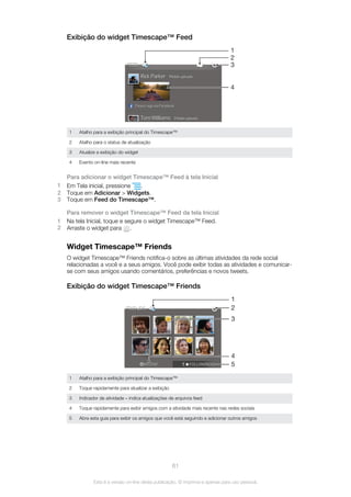 Exibição do widget Timescape™ Feed
1
2
3
4
1 Atalho para a exibição principal do Timescape™
2 Atalho para o status de atualização
3 Atualize a exibição do widget
4 Evento on-line mais recente
Para adicionar o widget Timescape™ Feed à tela Inicial
1 Em Tela inicial, pressione .
2 Toque em Adicionar > Widgets.
3 Toque em Feed do Timescape™.
Para remover o widget Timescape™ Feed da tela Inicial
1 Na tela Inicial, toque e segure o widget Timescape™ Feed.
2 Arraste o widget para .
Widget Timescape™ Friends
O widget Timescape™ Friends notifica-o sobre as últimas atividades da rede social
relacionadas a você e a seus amigos. Você pode exibir todas as atividades e comunicar-
se com seus amigos usando comentários, preferências e novos tweets.
Exibição do widget Timescape™ Friends
1
2
4
5
3
1 Atalho para a exibição principal do Timescape™
2 Toque rapidamente para atualizar a exibição
3 Indicador de atividade – indica atualizações de arquivos feed
4 Toque rapidamente para exibir amigos com a atividade mais recente nas redes sociais
5 Abra esta guia para exibir os amigos que você está seguindo e adicionar outros amigos
61
Esta é a versão on-line desta publicação. © Imprima-a apenas para uso pessoal.
 