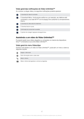 Visão geral das notificações do Video Unlimited™
Ao comprar ou alugar vídeos, as seguintes notificações poderão aparecer:
O download do vídeo foi concluído
O download falhou. Você precisa verificar se, por exemplo, seu telefone está
conectado a uma rede Wi-Fi® e se há espaço livre suficiente no armazenamento
interno.
O download do vídeo está em andamento
O download está em pausa
Confirmação de compra bem-sucedida
O período de contagem regressiva de aluguel iniciou
Assistindo a um vídeo do Video Unlimited™
É possível assistir seus vídeos alugados ou comprados na maioria dos dispositivos
Sony™ conectados à sua conta Video Unlimited™.
Visão geral do menu Videoclipe
Quando você assiste a um vídeo do Video Unlimited™, pode abrir um menu e obter as
seguintes opções:
Apagar o vídeo atual
Exibir informações sobre o vídeo atual
Alterar o idioma
Alterar o idioma das legendas ou remover as legendas
67
Esta é a versão on-line desta publicação. © Imprima-a apenas para uso pessoal.
 