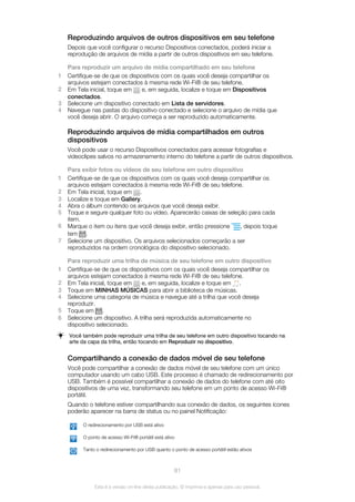 Reproduzindo arquivos de outros dispositivos em seu telefone
Depois que você configurar o recurso Dispositivos conectados, poderá iniciar a
reprodução de arquivos de mídia a partir de outros dispositivos em seu telefone.
Para reproduzir um arquivo de mídia compartilhado em seu telefone
1 Certifique-se de que os dispositivos com os quais você deseja compartilhar os
arquivos estejam conectados à mesma rede Wi-Fi® de seu telefone.
2 Em Tela inicial, toque em e, em seguida, localize e toque em Dispositivos
conectados.
3 Selecione um dispositivo conectado em Lista de servidores.
4 Navegue nas pastas do dispositivo conectado e selecione o arquivo de mídia que
você deseja abrir. O arquivo começa a ser reproduzido automaticamente.
Reproduzindo arquivos de mídia compartilhados em outros
dispositivos
Você pode usar o recurso Dispositivos conectados para acessar fotografias e
videoclipes salvos no armazenamento interno do telefone a partir de outros dispositivos.
Para exibir fotos ou vídeos de seu telefone em outro dispositivo
1 Certifique-se de que os dispositivos com os quais você deseja compartilhar os
arquivos estejam conectados à mesma rede Wi-Fi® de seu telefone.
2 Em Tela inicial, toque em .
3 Localize e toque em Gallery.
4 Abra o álbum contendo os arquivos que você deseja exibir.
5 Toque e segure qualquer foto ou vídeo. Aparecerão caixas de seleção para cada
item.
6 Marque o item ou itens que você deseja exibir, então pressione , depois toque
tem .
7 Selecione um dispositivo. Os arquivos selecionados começarão a ser
reproduzidos na ordem cronológica do dispositivo selecionado.
Para reproduzir uma trilha de música de seu telefone em outro dispositivo
1 Certifique-se de que os dispositivos com os quais você deseja compartilhar os
arquivos estejam conectados à mesma rede Wi-Fi® de seu telefone.
2 Em Tela inicial, toque em e, em seguida, localize e toque em .
3 Toque em MINHAS MÚSICAS para abrir a biblioteca de músicas.
4 Selecione uma categoria de música e navegue até a trilha que você deseja
reproduzir.
5 Toque em .
6 Selecione um dispositivo. A trilha será reproduzida automaticamente no
dispositivo selecionado.
Você também pode reproduzir uma trilha de seu telefone em outro dispositivo tocando na
arte da capa da trilha, então tocando em Reproduzir no dispositivo.
Compartilhando a conexão de dados móvel de seu telefone
Você pode compartilhar a conexão de dados móvel de seu telefone com um único
computador usando um cabo USB. Este processo é chamado de redirecionamento por
USB. Também é possível compartilhar a conexão de dados do telefone com até oito
dispositivos de uma vez, transformando seu telefone em um ponto de acesso Wi-Fi®
portátil.
Quando o telefone estiver compartilhando sua conexão de dados, os seguintes ícones
poderão aparecer na barra de status ou no painel Notificação:
O redirecionamento por USB está ativo
O ponto de acesso Wi-Fi® portátil está ativo
Tanto o redirecionamento por USB quanto o ponto de acesso portátil estão ativos
81
Esta é a versão on-line desta publicação. © Imprima-a apenas para uso pessoal.
 