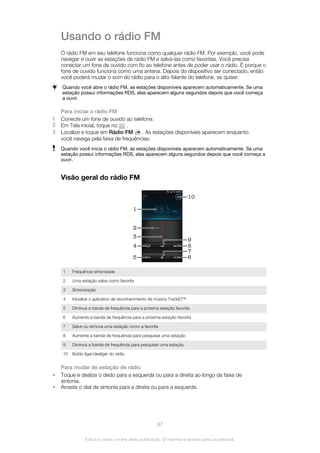 Usando o rádio FM
O rádio FM em seu telefone funciona como qualquer rádio FM. Por exemplo, você pode
navegar e ouvir as estações de rádio FM e salvá-las como favoritas. Você precisa
conectar um fone de ouvido com fio ao telefone antes de poder usar o rádio. É porque o
fone de ouvido funciona como uma antena. Depois do dispositivo ser conectado, então
você poderá mudar o som do rádio para o alto-falante do telefone, se quiser.
Quando você abre o rádio FM, as estações disponíveis aparecem automaticamente. Se uma
estação possui informações RDS, elas aparecem alguns segundos depois que você começa
a ouvir.
Para iniciar o rádio FM
1 Conecte um fone de ouvido ao telefone.
2 Em Tela inicial, toque no .
3 Localize e toque em Rádio FM . As estações disponíveis aparecem enquanto
você navega pela faixa de frequências.
Quando você inicia o rádio FM, as estações disponíveis aparecem automaticamente. Se uma
estação possui informações RDS, elas aparecem alguns segundos depois que você começa a
ouvir.
Visão geral do rádio FM
1
3
4
5 6
7
8
10
2
9
1 Frequência sintonizada
2 Uma estação salva como favorita
3 Sintonização
4 Inicialize o aplicativo de reconhecimento de música TrackID™
5 Diminua a banda de frequência para a próxima estação favorita
6 Aumente a banda de frequência para a próxima estação favorita
7 Salve ou remova uma estação como a favorita
8 Aumente a banda de frequência para pesquisar uma estação
9 Diminua a banda de frequência para pesquisar uma estação
10 Botão ligar/desligar do rádio
Para mudar de estação de rádio
• Toque e deslize o dedo para a esquerda ou para a direita ao longo da faixa de
sintonia.
• Arraste o dial de sintonia para a direita ou para a esquerda.
97
Esta é a versão on-line desta publicação. © Imprima-a apenas para uso pessoal.
 