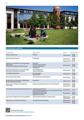 GIPUZKOAKO CAMPUSA
IKASTEGIA GRADUAK DATA ORDUTEGIA
Kimika Fakultatea Kimika Martxoak 8 10:30
15:30
Psikologia Fakultatea Psikologia Martxoak 8 10:30
15:30
Martxoak 10 17:30
Hezkuntza, Filosoﬁa eta Antropologia Filosoﬁa
Fakultatea Gizarte Antropologia
(Filosoﬁa eta Hezkuntza Zientziak) Gizarte Hezkuntza
Pedagogia
Hezkuntza Filosoﬁa eta Antropologia Haur Hezkuntza Martxoak 8 10:30
Fakultatea (Irakasleen Eskola) Lehen Hezkuntza 15:30
Zuzenbide Fakultatea Kriminologia Martxoak 8 10:30
Zuzenbidea 15:30
Informatika Fakultatea Informatikaren Ingeniaritza Martxoak 8 10:30
15:30
Medikuntza eta Erizaintza Fakultatea Erizaintza Martxoak 8 10:30
(Donostiako Erizaintza) 15:30
Ekonomia eta Enpresa Fakultatea Enpresen Administrazioa eta Zuzendaritza Martxoak 4 10:30
(Donostia) Martxoak 8 10:30
15:30
Gipuzkoako Ingeniaritza Eskola (Donostia) Arkitektura Teknikoa
Industria Elektronikaren eta Automatikaren Ing.
Ingeniaritza Elektrikoa
Ingeniaritza Mekaniko
Ingeniaritza Zibila
Gipuzkoako Ingeniaritza Eskola (Eibar) Energia Berriztagarrien Ingeniaritza Martxoak 4 10:00
Martxoak 8 15:30
Arkitektura Goi Eskola Teknikoa Arkitekturaren Oinarriak Martxoak 4 10:30
Martxoak 8 10:30
15:30
11
Informazio gehiago:
www.ehu.eus/sou/jardunaldi-irekiak
Martxoak 4 10:30
10:30
15:30
Martxoak 8
10:30
15:30
Martxoak 8
IKASLEENTZAKO ARGIBIDE ZERBITZUA 2016/2017
 