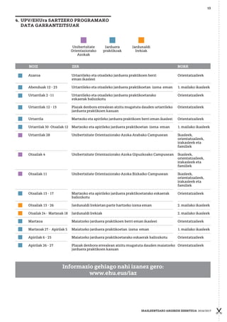 12
Unibertsitate
Orientaziorako
Azokak
Jarduera
praktikoak
Jardunaldi
Irekiak
4. UPV/EHUra SARTZEKO PROGRAMAKO
DATA GARRANTZITSUAK
Azaroa Urtarrileko eta otsaileko jarduera praktikoen berri Orientatzaileek
eman ikasleei
Abenduak 12 - 23 Urtarrileko eta otsaileko jarduera praktikoetan izena eman 1. mailako ikasleek
Urtarrilak 2 -11 Urtarrileko eta otsaileko jarduera praktikoetarako Orientatzaileek
eskaerak baliozkotu
Urtarrilak 12 - 13 Plazak denbora errealean atzitu mugatuta dauden urtarrileko Orientatzaileek
jarduera praktikoen kasuan
Urtarrila Martxoko eta apirileko jarduera praktikoen berri eman ikasleei Orientatzaileek
Urtarrilak 30 -Otsailak 12 Martxoko eta apirileko jarduera praktikoetan izena eman 1. mailako ikasleek
Urtarrilak 28 Unibertsitate Orientaziorako Azoka Arabako Campusean Ikasleek,
orientatzaileek,
irakasleek eta
familiek
Otsailak 4 Unibertsitate Orientaziorako Azoka Gipuzkoako Campusean Ikasleek,
orientatzaileek,
irakasleek eta
familiek
Otsailak 11 Unibertsitate Orientaziorako Azoka Bizkaiko Campusean Ikasleek,
orientatzaileek,
irakasleek eta
familiek
Otsailak 13 - 17 Martxoko eta apirileko jarduera praktikoetarako eskaerak Orientatzaileek
baliozkotu
Otsailak 13 - 26 Jardunaldi Irekietan parte hartzeko izena eman 2. mailako ikasleek
Otsailak 24 - Martxoak 18 Jardunaldi Irekiak 2. mailako ikasleek
Martxoa Maiatzeko jarduera praktikoen berri eman ikasleei Orientatzaileek
Martxoak 27 - Apirilak 5 Maiatzeko jarduera praktikoetan izena eman 1. mailako ikasleek
Apirilak 6 - 25 Maiatzeko jarduera praktikoetarako eskaerak baliozkotu Orientatzaileek
Apirilak 26 - 27 Plazak denbora errealean atzitu mugatuta dauden maiatzeko Orientatzaileek
jarduera praktikoen kasuan
NOIZ ZER NORK
Informazio gehiago nahi izanez gero:
www.ehu.eus/iaz
IKASLEENTZAKO ARGIBIDE ZERBITZUA 2016/2017
 