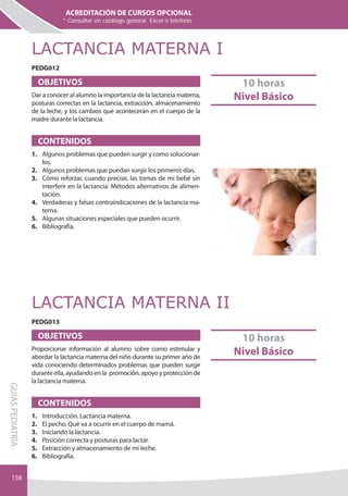 ACREDITACIÓN DE CURSOS OPCIONAL
                              * Consultar en catálogo general, Excel o telefono




                  LACTANCIA MATERNA I
                  PEDG012

                       OBJETIVOS                                                      10 horas
                  Dar a conocer al alumno la importancia de la lactancia materna,
                  posturas correctas en la lactancia, extracción, almacenamiento
                                                                                     Nivel Básico
                  de la leche, y los cambios que acontecerán en el cuerpo de la
                  madre durante la lactancia.
                                                                                    NOVED
                                                                                         AD
                       CONTENIDOS                                                   2012
                  1. Algunos problemas que pueden surgir y como solucionar-
                     los.
                  2. Algunos problemas que puedan surgir los primeros días.
                  3. Cómo reforzar, cuando precise, las tomas de mi bebé sin
                     interferir en la lactancia: Métodos alternativos de alimen-
                     tación.
                  4. Verdaderas y falsas contraindicaciones de la lactancia ma-
                     terna.
                  5. Algunas situaciones especiales que pueden ocurrir.
                  6. bibliografía.




                  LACTANCIA MATERNA II
                  PEDG013

                       OBJETIVOS                                                      10 horas
                  Proporcionar información al alumno sobre como estimular y
                  abordar la lactancia materna del niño durante su primer año de
                                                                                     Nivel Básico
                  vida conociendo determinados problemas que pueden surgir
                  durante ella, ayudando en la promoción, apoyo y protección de
                  la lactancia materna.
gUÍAS PEDIATRÍA




                                                                                     NOVED
                                                                                          AD
                       CONTENIDOS                                                    2012
                  1.   Introducción. Lactancia materna.
                  2.   El pecho. Qué va a ocurrir en el cuerpo de mamá.
                  3.   Iniciando la lactancia.
                  4.   Posición correcta y posturas para lactar.
                  5.   Extracción y almacenamiento de mi leche.
                  6.   bibliografía.


   158
 