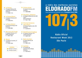 La Terrina                        O Pote do Rei
R. Capote Valente, 500            R. Joaquim Antunes, 224
Hotel Mercure Pinheiros           Pinheiros
Pinheiros                         T. 11 3068 9888
T. 11 3064 1155
                                  Per Paolo - Pinheiros
                                  Av. Diógenes Ribeiro de Lima, 2282
Le Poème Bistrô
                                  Loja 8
R. Joaquim Antunes, 98
                                  Alto de Pinheiros
Pinheiros
                                  T. 11 3021 7766
T. 11 3083 6016

                                  Pimenta Fantasma
Le Repas Bistrot                  Spicy Bistro
R. Ferreira de Araújo, 450        R. Cônego Eugênio Leite, 448
Pinheiros                         Pinheiros
T. 11 2366 9882                   T. 11 2528 6219

Mercearia do Conde                Ravioli Cucina Casalinga
R. Joaquim Antunes, 217           R. Joaquim Antunes, 197
Jardim Paulistano
T. 11 3081 7204
                                  Jardim Paulistano                        Rádio Oficial
                                  T. 11 3083 1625
                                                                       Restaurant Week 2012
Monet                             Robin des Bois
R. Fradique Coutinho, 37
Pinheiros
                                  R. Capote Valente, 86
                                  Pinheiros
                                                                             São Paulo
T. 11 3032 7403                   T. 11 3063 2795

                                  Santinho
        LEGENDA                   R. Coropés, 88
      Participa no almoço         Instituto Tomie Ohtake
       Participa no jantar        Pinheiros
                                  T. 11 3034 4673



                             24
 