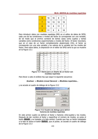 MLG. ANOVA de medidas repetidas
143
6 16 10 8 11
7 14 13 12 10
8 12 8 11 7
9 11 8 8 10
Para introducir datos con medidas repetidas (MR) en el editor de datos de SPSS,
cada una de las condiciones o niveles del factor se corresponde con una variable,
de tal modo que el archivo constará de tantos casos como sujetos y tantas
variables como condiciones experimentales o niveles del factor. El lector recordará,
que en el caso de un factor completamente aleatorizado (CA), el factor se
corresponde con una sola variable y los valores de la variable son los niveles del
factor. Para estos datos, la disposición en el editor de SPSS sería la que se muestra
en la Figura 13.1
Figura 13.1 Datos para un diseño de un factor con
medidas repetidas
Para llevar a cabo el análisis hay que seguir la siguiente secuencia:
Analizar → Modelo Lineal General → Medidas repetidas...
y se accede al cuadro de diálogo de la Figura 13.2
Figura 13.2 Cuadro de diálogo para definir
factores de medidas repetidas
En este primer cuadro se definen el factor o factores intra-sujetos y los niveles.
Después de dar nombre al factor y especificar el número de niveles, se pulsa el
botón Añadir y se traslada a la lista central. Cuando que hay un factor trasladado
a la lista se activa el botón Definir, que al pulsar, se accede al cuadro de diálogo
de la Figura 13.3
 