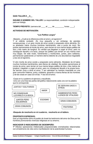 Equipo Académico-Pedagógico - Colegios Arquidiocesanos - Área de Educación Religiosa 15
GUIA TALLER # __5__
INSUMO O NOMBRE DEL TALLER: La responsabilidad, condición indispensable
para ser testigo.
TIEMPO PREVISTO: (semana del ____ al ____ de _________ horas: ____)
ACTIVIDAD DE MOTIVACIÓN:
“Los Palillos Largos”
-Maestro, ¿Cuál es la diferencia entre el amor y el egoísmo?
Y el vidente contestó: -Es muy pequeña y, sin embargo, de grandes
consecuencias, vi un gran monte de arroz cocido y preparado como alimento. En
su alrededor había muchos hombres hambrientos, casi a punto de morir. No
podían aproximarse al monte de arroz, pero tenían en sus manos largos palillos de
dos y tres metro de longitud. Es verdad que llegaban a coger el arroz, pero no
conseguían llevarlo a la boca, porque los palillos que tenían en sus manos eran
muy largos. De este modo, hambrientos y moribundos, juntos, pero solitarios,
permanecían padeciendo un hambre eterna delante de una abundancia inagotable
y eso era el egoísmo.
Vi otro monte de arroz cocido y preparado como alimento. Alrededor de él había
muchos hombres hambrientos, pero llenos de vitalidad. No podían aproximarse al
monte de arroz, pero tenían en sus manos largos palillos de dos y tres metros de
longitud. Llegaban a coger el arroz, pero no conseguían llevarlo a la propia boca.
Se servían unos a otros el arroz. Y así calmaban su hambre insaciable en una
gran comunión fraterna, junta y solidaria, gozando a manos llenas de los hombres
y de las cosas en casa con el tao. Y eso era el amor.
-Copia en tu cuaderno el ejercicio y resuélvelo.
-Une con una línea las partes del gráfico relacionando cada una con la palabra
que le corresponde:
-Después de resolverlo en mi cuaderno, resolverlo en el tablero.
PROPÓSITO EXPRESIVO:
Que yo argumente cómo el pueblo de Israel da testimonio del amor de Dios por los
hombres promoviendo vivencias religiosas en su entorno.
INDICADOR O INDICADORES DE DESEMPEÑO:
1° Efectúo operaciones intelectuales proposicionales cromatizadas relacionadas
con el testimonio de vida como manifestación de la autenticidad humana.
JUNTOS Y SOLITARIOS
NO CONSEGUIR
LLEVARLO A LA BOCA
HAMBRIENTOS PERO
LLENOS DE VITALIDAD
SE SERVIAN UNOS A
OTROS
GRAN COMUNION
JUNTOS PERO
SOLIDARIOS
FRATERNAGRAN COMUNION
EGOISMO
AMOR
 
