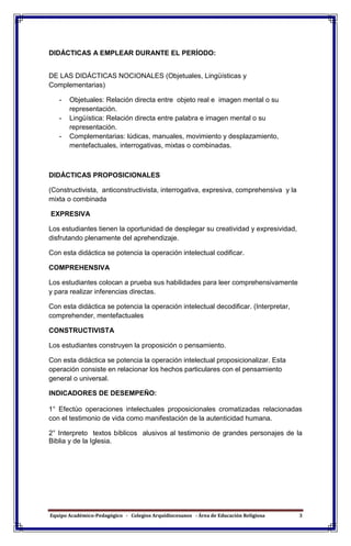 Equipo Académico-Pedagógico - Colegios Arquidiocesanos - Área de Educación Religiosa 3
DIDÁCTICAS A EMPLEAR DURANTE EL PERÍODO:
DE LAS DIDÁCTICAS NOCIONALES (Objetuales, Lingüísticas y
Complementarias)
- Objetuales: Relación directa entre objeto real e imagen mental o su
representación.
- Lingüística: Relación directa entre palabra e imagen mental o su
representación.
- Complementarias: lúdicas, manuales, movimiento y desplazamiento,
mentefactuales, interrogativas, mixtas o combinadas.
DIDÁCTICAS PROPOSICIONALES
(Constructivista, anticonstructivista, interrogativa, expresiva, comprehensiva y la
mixta o combinada
EXPRESIVA
Los estudiantes tienen la oportunidad de desplegar su creatividad y expresividad,
disfrutando plenamente del aprehendizaje.
Con esta didáctica se potencia la operación intelectual codificar.
COMPREHENSIVA
Los estudiantes colocan a prueba sus habilidades para leer comprehensivamente
y para realizar inferencias directas.
Con esta didáctica se potencia la operación intelectual decodificar. (Interpretar,
comprehender, mentefactuales
CONSTRUCTIVISTA
Los estudiantes construyen la proposición o pensamiento.
Con esta didáctica se potencia la operación intelectual proposicionalizar. Esta
operación consiste en relacionar los hechos particulares con el pensamiento
general o universal.
INDICADORES DE DESEMPEÑO:
1° Efectúo operaciones intelectuales proposicionales cromatizadas relacionadas
con el testimonio de vida como manifestación de la autenticidad humana.
2° Interpreto textos bíblicos alusivos al testimonio de grandes personajes de la
Biblia y de la Iglesia.
 