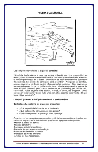 Equipo Académico Pedagógico Colegios Arquidiocesanos Educación Religiosa Escolar 36
PRUEBA DIAGNOSTICA.
Lee comprehensivamente la siguiente parábola:
“Aquel día, Jesús salió de la casa y se sentó a orillas del mar. Una gran multitud se
reunió junto a él, de manera que debió subir a una barca y sentarse en ella, mientras
la multitud permanecía en la costa. Entonces él les habló extensamente por medio
de parábolas. Les decía: «El sembrador salió a sembrar. Al esparcir las semillas,
algunas cayeron al borde del camino y los pájaros las comieron. Otras cayeron en
terreno pedregoso, donde no había mucha tierra, y brotaron en seguida, porque la
tierra era poco profunda; pero cuando salió el sol, se quemaron y, por falta de raíz,
se secaron. Otras cayeron entre espinas, y estas, al crecer, las ahogaron. Otras
cayeron en tierra buena y dieron fruto: unas cien, otras sesenta, otras treinta. ¡El que
tenga oídos, que oiga!».”
Completa y colorea el dibujo de acuerdo a la parábola leída.
Contesta en tu cuaderno las siguientes preguntas:
 ¿Qué es parábola? Consulta en el diccionario.
 ¿Qué es la semilla para Jesús, en este pasaje?
 Explica la expresión “el que tenga oídos, que oiga”
Organiza con tus compañeros-as campañas publicitarias con cartulina sobre diversas
formas de seguir a Jesús aplicando sus enseñanzas y pégalas en los pasillos:
-Mejorar el trato a los demás.
-Respeto por el otro.
-Formas de solucionar conflictos.
-Fomentar los sacramentos en tu colegio.
-Promover los Derechos humanos.
-Protección del medio ambiente.
-Ayuda a los más necesitados.
 