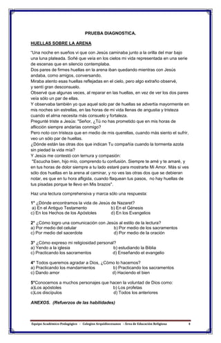 Equipo Académico-Pedagógico - Colegios Arquidiocesanos - Área de Educación Religiosa 4
PRUEBA DIAGNOSTICA.
HUELLAS SOBRE LA ARENA
“Una noche en sueños vi que con Jesús caminaba junto a la orilla del mar bajo
una luna plateada. Soñé que veía en los cielos mi vida representada en una serie
de escenas que en silencio contemplaba.
Dos pares de firmes huellas en la arena iban quedando mientras con Jesús
andaba, como amigos, conversando.
Miraba atento esas huellas reflejadas en el cielo, pero algo extraño observé,
y sentí gran desconsuelo.
Observé que algunas veces, al reparar en las huellas, en vez de ver los dos pares
veía sólo un par de ellas.
Y observaba también yo que aquel solo par de huellas se advertía mayormente en
mis noches sin estrellas, en las horas de mi vida llenas de angustia y tristeza
cuando el alma necesita más consuelo y fortaleza.
Pregunté triste a Jesús: "Señor, ¿Tú no has prometido que en mis horas de
aflicción siempre andarías conmigo?
Pero noto con tristeza que en medio de mis querellas, cuando más siento el sufrir,
veo un sólo par de huellas.
¿Dónde están las otras dos que indican Tu compañía cuando la tormenta azota
sin piedad la vida mía?
Y Jesús me contestó con ternura y compasión:
"Escucha bien, hijo mío, comprendo tu confusión. Siempre te amé y te amaré, y
en tus horas de dolor siempre a tu lado estaré para mostrarte Mi Amor. Más si ves
sólo dos huellas en la arena al caminar, y no ves las otras dos que se debieran
notar, es que en tu hora afligida, cuando flaquean tus pasos, no hay huellas de
tus pisadas porque te llevo en Mis brazos".
Haz una lectura comprehensiva y marca sólo una respuesta:
1° ¿Dónde encontramos la vida de Jesús de Nazaret?
a) En el Antiguo Testamento b) En el Génesis
c) En los Hechos de los Apóstoles d) En los Evangelios
2° ¿Cómo logro una comunicación con Jesús al estilo de la lectura?
a) Por medio del celular b) Por medio de los sacramentos
c) Por medio del sacerdote d) Por medio de la oración
3° ¿Cómo expreso mi religiosidad personal?
a) Yendo a la iglesia b) estudiando la Biblia
c) Practicando los sacramentos d) Enseñando el evangelio
4° Todos queremos agradar a Dios, ¿Cómo lo hacemos?
a) Practicando los mandamientos b) Practicando los sacramentos
c) Dando amor d) Haciendo el bien
5°Conocemos a muchos personajes que hacen la voluntad de Dios como:
a)Los apóstoles b) Los profetas
c)Los discípulos d) Todos los anteriores
ANEXOS. (Refuerzos de las habilidades)
 