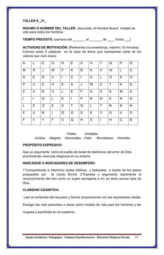 Equipo Académico Pedagógico Colegios Arquidiocesanos Educación Religiosa Escolar 53
TALLER # _21_
INSUMO O NOMBRE DEL TALLER: Jesucristo, el Hombre Nuevo modelo de
vida para todos los hombres
TIEMPO PREVISTO: (semana del _______ al _______ de ____ horas:___)
ACTIVIDAD DE MOTIVACIÓN: (Pertinente a la enseñanza, máximo 10 minutos)
Colorea estas 8 palabras en la sopa de letras que representan parte de los
valores que vivió Jesús:
A L E G R E S H T Q P O
M R J M F K B K V W L S
S E R V I C I A L O S O
P U E H E A J M Z T K D
Z X B U L E F A X S M A
I I G L E I P B D E N D
L Z O E S T Q L T N B N
E U N I D O S E Y O V O
F V Y F C Q H S I H C B
-Fieles -Amables
-Unidos -Alegres -Serviciales -Feliz -Bondadoso -Honesto
PROPÓSITO EXPRESIVO:
Que yo argumente cómo el pueblo de Israel da testimonio del amor de Dios
promoviendo vivencias religiosas en su entorno
INDICADOR O INDICADORES DE DESEMPEÑO:
1°Comprehendo e interiorizo textos bíblicos y eclesiales a través de los pasos
propuestos por la Lectio Divina. 2°Expreso y argumento claramente el
reconocimiento del otro como un sujeto semejante a mí, en tanto somos hijos de
Dios.
CLARIDAD COGNITIVA:
Leer el contenido del recuadro y formar proposiciones con las expresiones dadas.
Escoger las más parecidas a Jesús como modelo de vida para los hombres y las
mujeres y escribirlas en el cuaderno.
 