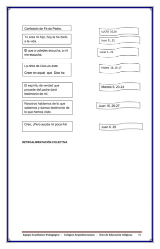 Equipo Académico-Pedagógico - Colegios Arquidiocesanos - Área de Educación religiosa 61
timonio
RETROALIMENTACIÓN COLECTIVA
Confesión de Fe de Pedro.
Tú eres mi hijo, hoy te he dado
a la vida.
El que a ustedes escucha, a mi
me escucha.
La obra de Dios es ésta:
Creer en aquel que Dios ha
enviado.
El espíritu de verdad que
procede del padre dará
testimonio de mí.
Nosotros hablamos de lo que
sabemos y damos testimonio de
lo que hemos visto.
Creo, ¡Pero ayuda mi poca Fe!
LUCAS 10,16
101010’’0876543212345FZ
mJuan 3 , 11
Lucas 3 . 22
Mateo 16, 15-17
Marcos 9, 23-24
Juan 15, 26-27
Juan 6, 29
 