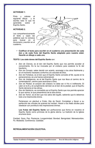 Equipo Académico-Pedagógico - Colegios Arquidiocesanos - Área de Educación religiosa 63
ACTIVIDAD 1:
Pinto y coloreo el
siguiente dibujo y le
escribo todo lo que he
aprendido sobre el
Espíritu Santo.
ACTIVIDAD 2:
Leo comprehensivamente
el texto y copio las
palabras que no conozca
para buscar en el
diccionario y escribir en el
cuaderno.
 Codificar el texto para escribir en el cuaderno una presentación de cada
don y de cada fruto del Espíritu Santo adaptado para nuestra edad.
Hacerle un dibujo a cada uno.
TEXTO: Los siete dones del Espíritu Santo son:
 Don de Ciencia, es el don del Espíritu Santo que nos permite acceder al
conocimiento. Es la luz invocada por el cristiano para sostener la fe del
bautismo.
 Don de Consejo, saber decidir con acierto, aconsejar a los otros fácilmente y
en el momento necesario conforme a la voluntad de Dios.
 Don de Fortaleza, es el don que el Espíritu Santo concede al fiel, ayuda en la
perseverancia, es una fuerza sobrenatural.
 Don de Inteligencia, es el del Espíritu Santo que nos lleva al camino de la
contemplación, camino para acercarse a Dios.
 Don de Piedad, el corazón del cristiano no debe ser ni frío ni indiferente. El
calor en la fe y el cumplimiento del bien es el don de la piedad, que el Espíritu
Santo derrama en las almas.
 Don de Sabiduría, es concedido por el Espíritu Santo que nos permite apreciar
lo que vemos, lo que presentimos de la obra divina.
 Don de Temor, es el don que nos salva del orgullo, sabiendo que lo debemos
todo a la misericordia divina.
Pertenecen en plenitud a Cristo, Hijo de David. Completan y llevan a su
perfección las virtudes de quienes los reciben. Hacen a los fieles dóciles para
obedecer con prontitud a las inspiraciones divinas.
Los frutos del Espíritu Santo son perfecciones que forma en nosotros el
Espíritu Santo como primicias de la gloria eterna. La tradición de la Iglesia
enumera doce:
Caridad. Gozo. Paz. Paciencia. Longanimidad. Bondad. Benignidad. Mansedumbre.
Fe. Modestia. Continencia. Castidad.
RETROALIMENTACIÓN COLECTIVA.
 