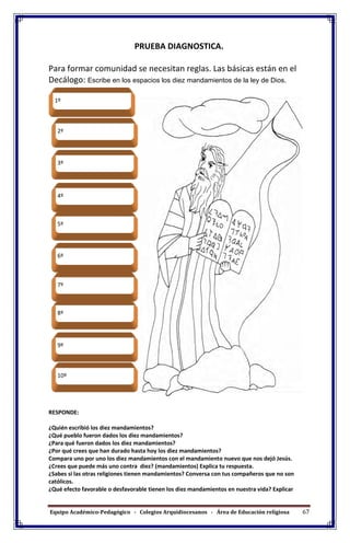 Equipo Académico-Pedagógico - Colegios Arquidiocesanos - Área de Educación religiosa 67
PRUEBA DIAGNOSTICA.
Para formar comunidad se necesitan reglas. Las básicas están en el
Decálogo: Escribe en los espacios los diez mandamientos de la ley de Dios.
RESPONDE:
¿Quién escribió los diez mandamientos?
¿Qué pueblo fueron dados los diez mandamientos?
¿Para qué fueron dados los diez mandamientos?
¿Por qué crees que han durado hasta hoy los diez mandamientos?
Compara uno por uno los diez mandamientos con el mandamiento nuevo que nos dejó Jesús.
¿Crees que puede más uno contra diez? (mandamientos) Explica tu respuesta.
¿Sabes si las otras religiones tienen mandamientos? Conversa con tus compañeros que no son
católicos.
¿Qué efecto favorable o desfavorable tienen los diez mandamientos en nuestra vida? Explicar
1º
2º
3º
4º
5º
6º
7º
8º
9º
10º
 