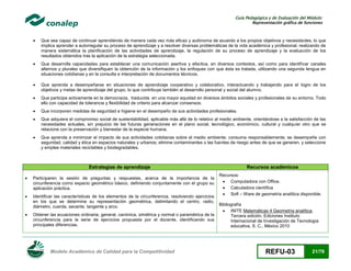 Guía Pedagógica y de Evaluación del Módulo:
Representación gráfica de funciones



Que sea capaz de continuar aprendiendo de manera cada vez más eficaz y autónoma de acuerdo a los propios objetivos y necesidades, lo que
implica aprender a autorregular su proceso de aprendizaje y a resolver diversas problemáticas de la vida académica y profesional, realizando de
manera sistemática la planificación de las actividades de aprendizaje, la regulación de su proceso de aprendizaje y la evaluación de los
resultados obtenidos tras la aplicación de la estrategia seleccionada.



Que desarrolle capacidades para establecer una comunicación asertiva y efectiva, en diversos contextos, así como para identificar canales
alternos y plurales que diversifiquen la obtención de la información y los enfoques con que ésta es tratada, utilizando una segunda lengua en
situaciones cotidianas y en la consulta e interpretación de documentos técnicos.



Que aprenda a desempeñarse en situaciones de aprendizaje cooperativo y colaborativo, interactuando y trabajando para el logro de los
objetivos y metas de aprendizaje del grupo, lo que contribuye también al desarrollo personal y social del alumno.



Que participe activamente en la democracia, traducida en una mayor equidad en diversos ámbitos sociales y profesionales de su entorno. Todo
ello con capacidad de tolerancia y flexibilidad de criterio para alcanzar consensos.



Que incorporen medidas de seguridad e higiene en el desempeño de sus actividades profesionales.



Que adquiera el compromiso social de sustentabilidad, aplicable más allá de lo relativo al medio ambiente, orientándose a la satisfacción de las
necesidades actuales, sin prejuicio de las futuras generaciones en el plano social, tecnológico, económico, cultural y cualquier otro que se
relacione con la preservación y bienestar de la especie humana.



Que aprenda a minimizar el impacto de sus actividades cotidianas sobre el medio ambiente; consuma responsablemente; se desempeñe con
seguridad, calidad y ética en espacios naturales y urbanos; elimine contaminantes o las fuentes de riesgo antes de que se generen, y seleccione
y emplee materiales reciclables y biodegradables.

Estrategias de aprendizaje


Participaren la sesión de preguntas y respuestas, acerca de la importancia de la
circunferencia como espacio geométrico básico, definiendo conjuntamente con el grupo su
aplicación práctica.



Identificar las características de los elementos de la circunferencia, resolviendo ejercicios
en los que se determine su representación geométrica, delimitando el centro, radio,
diámetro, cuerda, secante, tangente y arco.



Obtener las ecuaciones ordinaria, general, canónica, simétrica y normal o paramétrica de la
circunferencia para la serie de ejercicios propuesta por el docente, identificando sus
principales diferencias.

Modelo Académico de Calidad para la Competitividad

Recursos académicos
Recursos:
 Computadora con Office.
 Calculadora científica
 Soft – Ware de geometría analítica disponible.
Bibliografía
 INITE Matemáticas 4 Geometría analítica,
Tercera edición, Ediciones Instituto
Internacional de Investigación de Tecnología
educativa, S. C., México 2010

REFU-03

21/78

 