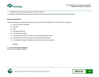 Guía Pedagógica y de Evaluación del Módulo:
Representación gráfica de funciones

una lámpara para ilumine de igual magnitud a las tres bancas?
13. Obtenga la pendiente de las escaleras de su plantel, aplicando definición de pendiente, calcule el ángulo de inclinación.

Ejemplo representativo.
Tres pares ordenados representan los puntos límites de un terreno A (3,5) B (-4,2) y C (0,-5) calcule lo siguiente:
a) Una los tres pares ordenados
b) Perímetro.
c) Área
d) Los ángulos interiores.
e) La ecuación de sus lados
f)

Las ecuaciones de las tres medianas y las coordenadas del baricentro

g) Las ecuaciones de las tres alturas y las coordenadas del ortocentro
h) Las ecuaciones de las tres mediatrices y las coordenadas del circuncentro.
Solución.

a) Una los tres pares ordenados
Los trazamos en el plano cartesiano

Modelo Académico de Calidad para la Competitividad

REFU-03

32/78

 