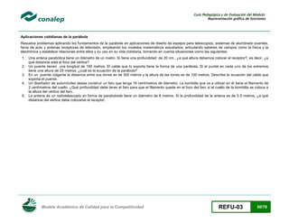 Guía Pedagógica y de Evaluación del Módulo:
Representación gráfica de funciones

Aplicaciones cotidianas de la parábola
Resuelve problemas aplicando los fundamentos de la parábola en aplicaciones de diseño de espejos para telescopios, sistemas de alumbrado puentes,
faros de auto y antenas receptoras de televisión, empleando los modelos matemáticos estudiados, articulando saberes de campos como la física y la
electrónica y establece relaciones entre ellos y su uso en su vida cotidiana, tomando en cuenta situaciones como las siguientes:
1. Una antena parabólica tiene un diámetro de un metro. Si tiene una profundidad de 20 cm., ¿a qué altura debemos colocar el receptor?, es decir, ¿a
qué distancia está el foco del vértice?
2. Un puente tienen una longitud de 160 metros. El cable que lo soporta tiene la forma de una parábola. Si el puntal en cada uno de los extremos
tiene una altura de 25 metros, ¿cuál es la ecuación de la parábola?
3. En un puente colgante la distancia entre sus torres es de 300 metros y la altura de las torres es de 100 metros. Describe la ecuación del cable que
soporta el puente.
4. Un diseñador de automóviles desea construir un faro que tenga 16 centímetros de diámetro. La bombilla que va a utilizar en él tiene el filamento de
2 centímetros del cuello. ¿Qué profundidad debe tener el faro para que el filamento quede en el foco del faro si el cuello de la bombilla se coloca a
la altura del vértice del faro.
5. La antena de un radiotelescopio en forma de paraboloide tiene un diámetro de 8 metros. Si la profundidad de la antena es de 0.5 metros, ¿a qué
distancia del vértice debe colocarse el receptor.

Modelo Académico de Calidad para la Competitividad

REFU-03

50/78

 