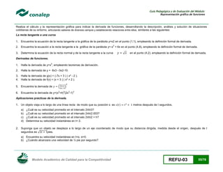 Guía Pedagógica y de Evaluación del Módulo:
Representación gráfica de funciones

Realiza el cálculo y la representación gráfica para indicar la derivada de funciones, desarrollando la descripción, análisis y solución de situaciones
cotidianas de su entorno, articulando saberes de diversos campos y estableciendo relaciones entre ellos, similares a las siguientes:
La recta tangente a una curva
1. Encuentra la ecuación de la recta tangente a la gráfica de la parábola y=x2 en el punto (1,1), empleando la definición formal de derivada.
2

2. Encuentra la ecuación a la recta tangente a la gráfica de la parábola y=-x + 6x en el punto (4,8), empleando la definición formal de derivada.
3. Determina la ecuación de la recta normal y de la recta tangente a la curva

√

en el punto (4,2), empleando la definición formal de derivada.

Derivadas de funciones.
5

1. Halla la derivada de y=x , empleando teoremas de derivación.
2. Halla la derivada de y = 6x3 –3x2-10.
3. Halla la derivada de g(x) = (-7x + 3 ) ( x² - 2 ).
4. Halla la derivada de f(x) = (x + 3 ) ( x² + 2 ).
5. Encuentra la derivada de

(
2

)
4

3

6. Encuentra la derivada de y=(x +4) (2x -1)

3

Aplicaciones prácticas de la derivada.
1. Un objeto viaja a lo largo de una línea recta de modo que su posición s es ( )
a)
b)
c)
d)

metros después de t segundos.

¿Cuál es su velocidad promedio en el intervalo ≤t≤3?
¿Cuál es su velocidad promedio en el intervalo ≤t≤2.003?
¿Cuál es su velocidad promedio en el intervalo ≤t≤2 + h?
Determina su velocidad instantánea en t= 2.

2. Suponga que un objeto se desplaza a lo largo de un eje coordenado de modo que su distancia dirigida, medida desde el origen, después de t
segundos es √
pies.
a) Encuentra su velocidad instantánea en t=α, α>0.
b) ¿Cuándo alcanzara una velocidad de ½ pie por segundo?

Modelo Académico de Calidad para la Competitividad

REFU-03

55/78

 