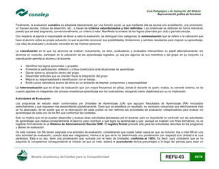 Guía Pedagógica y de Evaluación del Módulo:
Representación gráfica de funciones

Finalmente, la evaluación sumativa es adoptada básicamente por una función social, ya que mediante ella se asume una acreditación, una promoción,
un fracaso escolar, índices de deserción, etc., a través de criterios estandarizados y bien definidos. Las evidencias se elaboran en forma individual,
puesto que se está asignando, convencionalmente, un criterio o valor. Manifiesta la síntesis de los logros obtenidos por ciclo o período escolar.
Con respecto al agente o responsable de llevar a cabo la evaluación, se distinguen tres categorías: la autoevaluación que se refiere a la valoración que
hace el alumno sobre su propia actuación, lo que le permite reconocer sus posibilidades, limitaciones y cambios necesarios para mejorar su aprendizaje.
Los roles de evaluador y evaluado coinciden en las mismas personas
La coevaluación en la que los alumnos se evalúan mutuamente, es decir, evaluadores y evaluados intercambian su papel alternativamente; los
alumnos en conjunto, participan en la valoración de los aprendizajes logrados, ya sea por algunos de sus miembros o del grupo en su conjunto; La
coevaluación permite al alumno y al docente:







Identificar los logros personales y grupales
Fomentar la participación, reflexión y crítica constructiva ante situaciones de aprendizaje
Opinar sobre su actuación dentro del grupo
Desarrollar actitudes que se orienten hacia la integración del grupo
Mejorar su responsabilidad e identificación con el trabajo
Emitir juicios valorativos acerca de otros en un ambiente de libertad, compromiso y responsabilidad

La heteroevaluación que es el tipo de evaluación que con mayor frecuencia se utiliza, donde el docente es quien, evalúa, su variante externa, se da
cuando agentes no integrantes del proceso enseñanza-aprendizaje son los evaluadores, otorgando cierta objetividad por su no implicación.
Actividades de Evaluación
Los programas de estudio están conformados por Unidades de Aprendizaje (UA) que agrupan Resultados de Aprendizaje (RA) vinculados
estrechamente y que requieren irse desarrollando paulatinamente. Dado que se establece un resultado, es necesario comprobar que efectivamente éste
se ha alcanzado, de tal suerte que en la descripción de cada unidad se han definido las actividades de evaluación indispensables para evaluar los
aprendizajes de cada uno de los RA que conforman las unidades.
Esto no implica que no se puedan desarrollar y evaluar otras actividades planteadas por el docente, pero es importante no confundir con las actividades
de aprendizaje que realiza constantemente el alumno para contribuir a que logre su aprendizaje y que, aunque se evalúen con fines formativos, no se
registran formalmente en el Sistema de Administración Escolar SAE. El registro formal procede sólo para las actividades descritas en los programas
y planes de evaluación.
De esta manera, los RA tienen asignada una actividad de evaluación, considerando que puede haber casos en que se incluirán dos o más RA en una
sola actividad de evaluación, cuando ésta sea integradora; misma a la que se le ha determinado una ponderación con respecto a la Unidad a la cual
pertenece. Ésta a su vez, tiene una ponderación que, sumada con el resto de Unidades, conforma el 100%. Es decir, para considerar que se ha
adquirido la competencia correspondiente al módulo de que se trate, deberá ir acumulando dichos porcentajes a lo largo del período para estar en

Modelo Académico de Calidad para la Competitividad

REFU-03

58/78

 