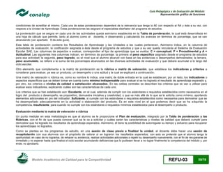 Guía Pedagógica y de Evaluación del Módulo:
Representación gráfica de funciones

condiciones de acreditar el mismo. Cada una de estas ponderaciones dependerá de la relevancia que tenga la AE con respecto al RA y éste a su vez, con
respecto a la Unidad de Aprendizaje. Estas ponderaciones las asignará el especialista diseñador del programa de estudios.
La ponderación que se asigna en cada una de las actividades queda asimismo establecida en la Tabla de ponderación, la cual está desarrollada en
una hoja de cálculo que permite, tanto al alumno como al docente, ir observando y calculando los avances en términos de porcentaje, que se van
alcanzando (ver apartado 8 de esta guía).
Esta tabla de ponderación contiene los Resultados de Aprendizaje y las Unidades a las cuales pertenecen. Asimismo indica, en la columna de
actividades de evaluación, la codificación asignada a ésta desde el programa de estudios y que a su vez queda vinculada al Sistema de Evaluación
Escolar SAE. Las columnas de aspectos a evaluar, corresponden al tipo de aprendizaje que se evalúa: C = conceptual; P = Procedimental y A =
Actitudinal. Las siguientes tres columnas indican, en términos de porcentaje: la primera el peso específico asignado desde el programa de estudios
para esa actividad; la segunda, peso logrado, es el nivel que el alumno alcanzó con base en las evidencias o desempeños demostrados; la tercera,
peso acumulado, se refiere a la suma de los porcentajes alcanzados en las diversas actividades de evaluación y que deberá acumular a lo largo del
ciclo escolar.
Otro elemento que complementa a la matriz de ponderación es la rúbrica o matriz de valoración, que establece los indicadores y criterios a
considerar para evaluar, ya sea un producto, un desempeño o una actitud y la cual se explicará a continuación.
Una matriz de valoración o rúbrica es, como su nombre lo indica, una matriz de doble entrada en la cual se establecen, por un lado, los indicadores o
aspectos específicos que se deben tomar en cuenta como mínimo indispensable para evaluar si se ha logrado el resultado de aprendizaje esperado y,
por otro, los criterios o niveles de calidad o satisfacción alcanzados. En las celdas centrales se describen los criterios que se van a utilizar para
evaluar esos indicadores, explicando cuáles son las características de cada uno.
Los criterios que se han establecido son: Excelente, en el cual, además de cumplir con los estándares o requisitos establecidos como necesarios en el
logro del producto o desempeño, es propositivo, demuestra iniciativa y creatividad, o que va más allá de lo que se le solicita como mínimo, aportando
elementos adicionales en pro del indicador; Suficiente, si cumple con los estándares o requisitos establecidos como necesarios para demostrar que se
ha desempeñado adecuadamente en la actividad o elaboración del producto. Es en este nivel en el que podemos decir que se ha adquirido la
competencia. Insuficiente, para cuando no cumple con los estándares o requisitos mínimos establecidos para el desempeño o producto.
Evaluación mediante la matriz de valoración o rúbrica
Un punto medular en esta metodología es que al alumno se le proporcione el Plan de evaluación, integrado por la Tabla de ponderación y las
Rúbricas, con el fin de que pueda conocer qué se le va a solicitar y cuáles serán las características y niveles de calidad que deberá cumplir para
demostrar que ha logrado los resultados de aprendizaje esperados. Asimismo, él tiene la posibilidad de autorregular su tiempo y esfuerzo para recuperar
los aprendizajes no logrados.
Como se plantea en los programas de estudio, en una sesión de clase previa a finalizar la unidad, el docente debe hacer una sesión de
recapitulación con sus alumnos con el propósito de valorar si se lograron los resultados esperados; con esto se pretende que el alumno tenga la
oportunidad, en caso de no lograrlos, de rehacer su evidencia, realizar actividades adicionales o repetir su desempeño nuevamente, con el fin de recuperarse de
inmediato y no esperar hasta que finalice el ciclo escolar acumulando deficiencias que lo pudiesen llevar a no lograr finalmente la competencia del módulo y, por
ende, no aprobarlo.

Modelo Académico de Calidad para la Competitividad

REFU-03

59/78

 