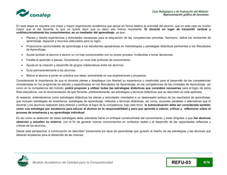 Guía Pedagógica y de Evaluación del Módulo:
Representación gráfica de funciones

En esta etapa se requiere una mejor y mayor organización académica que apoye en forma relativa la actividad del alumno, que en este caso es mucho
mayor que la del docente; lo que no quiere decir que su labor sea menos importante. El docente en lugar de transmitir vertical y
unidireccionalmente los conocimientos, es un mediador del aprendizaje, ya que:


Planea y diseña experiencias y actividades necesarias para la adquisición de las competencias previstas. Asimismo, define los ambientes de
aprendizaje, espacios y recursos adecuados para su logro.



Proporciona oportunidades de aprendizaje a los estudiantes apoyándose en metodologías y estrategias didácticas pertinentes a los Resultados
de Aprendizaje.



Ayuda también al alumno a asumir un rol más comprometido con su propio proceso, invitándole a tomar decisiones.



Facilita el aprender a pensar, fomentando un nivel más profundo de conocimiento.



Ayuda en la creación y desarrollo de grupos colaborativos entre los alumnos.



Guía permanentemente a los alumnos.



Motiva al alumno a poner en práctica sus ideas, animándole en sus exploraciones y proyectos.

Considerando la importancia de que el docente planee y despliegue con libertad su experiencia y creatividad para el desarrollo de las competencias
consideradas en los programas de estudio y especificadas en los Resultados de Aprendizaje, en las competencias de las Unidades de Aprendizaje, así
como en la competencia del módulo; podrá proponer y utilizar todas las estrategias didácticas que considere necesarias para el logro de estos
fines educativos, con la recomendación de que fomente, preferentemente, las estrategias y técnicas didácticas que se describen en este apartado.
Al respecto, entenderemos como estrategias didácticas los planes y actividades orientados a un desempeño exitoso de los resultados de aprendizaje,
que incluyen estrategias de enseñanza, estrategias de aprendizaje, métodos y técnicas didácticas, así como, acciones paralelas o alternativas que el
docente y los alumnos realizarán para obtener y verificar el logro de la competencia; bajo este tenor, la autoevaluación debe ser considerada también
como una estrategia por excelencia para educar al alumno en la responsabilidad y para que aprenda a valorar, criticar y reflexionar sobre el
proceso de enseñanza y su aprendizaje individual.
Es así como la selección de estas estrategias debe orientarse hacia un enfoque constructivista del conocimiento y estar dirigidas a que los alumnos
observen y estudien su entorno, con el fin de generar nuevos conocimientos en contextos reales y el desarrollo de las capacidades reflexivas y
críticas de los alumnos.
Desde esta perspectiva, a continuación se describen brevemente los tipos de aprendizaje que guiarán el diseño de las estrategias y las técnicas que
deberán emplearse para el desarrollo de las mismas:

Modelo Académico de Calidad para la Competitividad

REFU-03

6/78

 