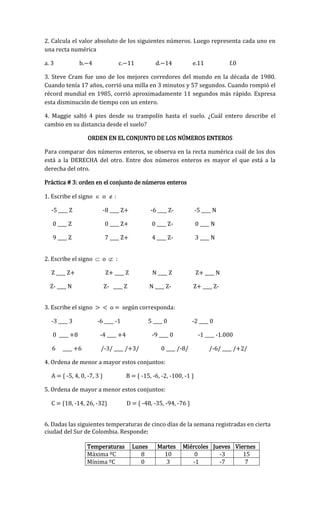 2. Calcula el valor absoluto de los siguientes números. Luego representa cada uno en
una recta numérica
a. 3 b. c. d. e. f.0
3. Steve Cram fue uno de los mejores corredores del mundo en la década de 1980.
Cuando tenía 17 años, corrió una milla en 3 minutos y 57 segundos. Cuando rompió el
récord mundial en 1985, corrió aproximadamente 11 segundos más rápido. Expresa
esta disminución de tiempo con un entero.
4. Maggie saltó 4 pies desde su trampolín hasta el suelo. ¿Cuál entero describe el
cambio en su distancia desde el suelo?
ORDEN EN EL CONJUNTO DE LOS NÚMEROS ENTEROS
Para comparar dos números enteros, se observa en la recta numérica cuál de los dos
está a la DERECHA del otro. Entre dos números enteros es mayor el que está a la
derecha del otro.
Práctica # 3: orden en el conjunto de números enteros
1. Escribe el signo  o  :
-5 ____ Z -8 ____ Z+ -6 ____ Z- -5 ____ N
0 ____ Z 0 ____ Z+ 0 ____ Z- 0 ____ N
9 ____ Z 7 ____ Z+ 4 ____ Z- 3 ____ N
2. Escribe el signo  o  :
Z ____ Z+ Z+ ____ Z N ____ Z Z+ ____ N
Z- ____ N Z- ____ Z N ____ Z- Z+ ____ Z-
3. Escribe el signo > < o = según corresponda:
-3 ____ 3 -6 ____ -1 5 ____ 0 -2 ____ 0
0 ____ +8 -4 ____ +4 -9 ____ 0 -1 ____ -1.000
6 ____ +6 /-3/ ____ /+3/ 0 ____ /-8/ /-6/ ____ /+2/
4. Ordena de menor a mayor estos conjuntos:
A = { -5, 4, 0, -7, 3 } B = { -15, -6, -2, -100, -1 }
5. Ordena de mayor a menor estos conjuntos:
C = {18, -14, 26, -32} D = { -48, -35, -94, -76 }
6. Dadas las siguientes temperaturas de cinco días de la semana registradas en cierta
ciudad del Sur de Colombia. Responde:
Temperaturas Lunes Martes Miércoles Jueves Viernes
Máxima ºC 8 10 0 -3 15
Mínima ºC 0 3 -1 -7 7
 
