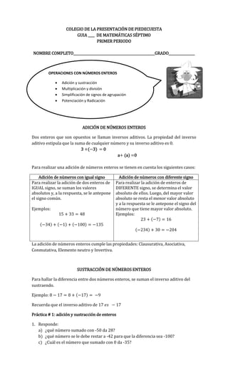 COLEGIO DE LA PRESENTACIÓN DE PIEDECUESTA
GUIA ____ DE MATEMÁTICAS SÉPTIMO
PRIMER PERIODO
NOMBRE COMPLETO__________________________________________________GRADO________________
ADICIÓN DE NÚMEROS ENTEROS
Dos enteros que son opuestos se llaman inversos aditivos. La propiedad del inverso
aditivo estipula que la suma de cualquier número y su inverso aditivo es 0.
3 ( 3) 0
a (a) 0
Para realizar una adición de números enteros se tienen en cuenta los siguientes casos:
Adición de números con igual signo Adición de números con diferente signo
Para realizar la adición de dos enteros de
IGUAL signo, se suman los valores
absolutos y, a la respuesta, se le antepone
el signo común.
Ejemplos:
( ) ( ) ( )
Para realizar la adición de enteros de
DIFERENTE signo, se determina el valor
absoluto de ellos. Luego, del mayor valor
absoluto se resta el menor valor absoluto
y a la respuesta se le antepone el signo del
número que tiene mayor valor absoluto.
Ejemplos:
( 7)
( )
La adición de números enteros cumple las propiedades: Clausurativa, Asociativa,
Conmutativa, Elemento neutro y Invertiva.
SUSTRACCIÓN DE NÚMEROS ENTEROS
Para hallar la diferencia entre dos números enteros, se suman el inverso aditivo del
sustraendo.
Ejemplo: 7 ( 7)
Recuerda que el inverso aditivo de 7 7
Práctica # 1: adición y sustracción de enteros
1. Responde:
a) ¿qué número sumado con -50 da 28?
b) ¿qué número se le debe restar a -42 para que la diferencia sea -100?
c) ¿Cuál es el número que sumado con 0 da -35?
OPERACIONES CON NÚMEROS ENTEROS
 Adición y sustracción
 Multiplicación y división
 Simplificación de signos de agrupación
 Potenciación y Radicación
Polinomios aritméticos
 