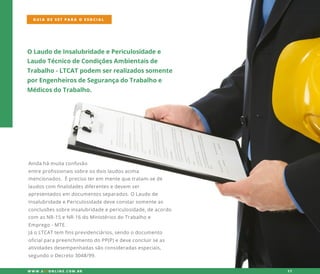 JáoLTCATtem finsprevidenciários,sendoodocumento
oficialparapreenchimentodoPP(P)edeveconcluirseas
atividadesdesempenhadassãoconsideradasespeciais,
segundooDecreto3048/99.
OLaudodeInsalubridadeePericulosidadee
LaudoTécnicodeCondiçõesAmbientaisde
Trabalho-LTCATpodem serrealizadossomente
porEngenheirosdeSegurançadoTrabalhoe
MédicosdoTrabalho.
Aindahámuitaconfusão
entreprofissionaissobreosdoislaudosacima
mencionados.Éprecisoterem mentequetratam-sede
llaudoscom finalidadesdiferentesedevem ser
apresentadosem documentosseparados.OLaudode
InsalubridadeePericulosidadedeveconstarsomenteas
conclusõessobreinsalubridadeepericulosidade,deacordo
com asNR-15eNR-16doMinistériosdoTrabalhoe
Emprego-MTE.
GUIA DE SST PARA O ESOCIAL
W W W .SSTONLINE.COM .BR 17
 