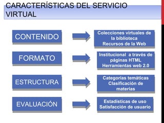 CARACTERÍSTICAS DEL SERVICIO
VIRTUAL

                     Colecciones virtuales de
  CONTENIDO               la biblioteca
                       Recursos de la Web

                     Institucional a través de
  FORMATO                  páginas HTML
                       Herramientas web 2.0

                       Categorías temáticas
  ESTRUCTURA             Clasificación de
                            materias

                      Estadísticas de uso
  EVALUACIÓN         Satisfacción de usuario
 