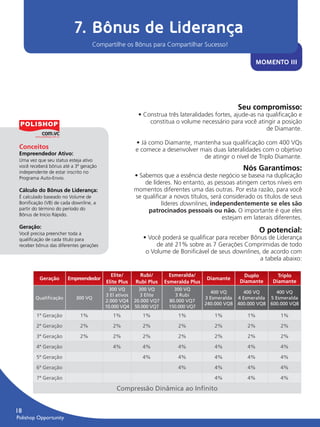 7. Bônus de Liderança
                                           Compartilhe os Bônus para Compartilhar Sucesso!

                                                                                                               MOMENTO III




                                                                                                       Seu compromisso:
                                                               • Construa três lateralidades fortes, ajude-as na qualificação e
                                                                   constitua o volume necessário para você atingir a posição
                                                                                                                 de Diamante.

                                                              • Já como Diamante, mantenha sua qualificação com 400 VQs
         Conceitos                                            e comece a desenvolver mais duas lateralidades com o objetivo
         Empreendedor Ativo:
                                                                                      de atingir o nível de Triplo Diamante.
         Uma vez que seu status esteja ativo
         você receberá bônus até a 3ª geração
         independente de estar inscrito no
                                                                                                         Nós Garantimos:
         Programa Auto-Envio.                                 • Sabemos que a essência deste negócio se baseia na duplicação
                                                                  de líderes. No entanto, as pessoas atingem certos níveis em
         Cálculo do Bônus de Liderança:                       momentos diferentes uma das outras. Por esta razão, para você
         É calculado baseado no Volume de                     se qualiﬁcar a novos títulos, será considerado os títulos de seus
         Boniﬁcação (VB) de cada downline, a                            líderes downlines, independentemente se eles são
         partir do término do período do                           patrocinados pessoais ou não. O importante é que eles
         Bônus de Início Rápido.
                                                                                                estejam em laterais diferentes.
         Geração:
         Você precisa preencher toda a
                                                                                                               O potencial:
         qualiﬁcação de cada título para                         • Você poderá se qualificar para receber Bônus de Liderança
         receber bônus das diferentes gerações                        de até 21% sobre as 7 Gerações Comprimidas de todo
                                                                  o Volume de Boniﬁcável de seus downlines, de acordo com
                                                                                                             a tabela abaixo:

                                                   Elite/      Rubi/        Esmeralda/                    Duplo       Triplo
                  Geração      Empreendedor                                                Diamante
                                                 Elite Plus   Rubi Plus   Esmeralda Plus                Diamante    Diamante
                                                   300 VQ     300 VQ         300 VQ
                                                                                             400 VQ      400 VQ      400 VQ
                                                 3 El ativos  3 Elite         3 Rubi
                Qualiﬁcação        300 VQ                                                  3 Esmeralda 4 Esmeralda 5 Esmeralda
                                                 2.000 VQ4 20.000 VQ7      80.000 VQ7
                                                                                           240.000 VQ8 400.000 VQ8 600.000 VQ8
                                                 10.000 VQ4 50.000 VQ7     150.000 VQ7
                 1ª Geração          1%             1%           1%            1%             1%          1%           1%

                 2ª Geração          2%             2%           2%            2%             2%          2%           2%

                 3ª Geração          2%             2%           2%            2%             2%          2%           2%

                 4ª Geração                         4%           4%            4%             4%          4%           4%

                 5ª Geração                                      4%            4%             4%          4%           4%

                 6ª Geração                                                    4%             4%          4%           4%

                 7ª Geração                                                                   4%          4%           4%

                                                     Compressão Dinâmica ao Inﬁnito


      18
       Polishop Opportunity


guia.indd 18                                                                                                             16/05/2012 10:04:46
 