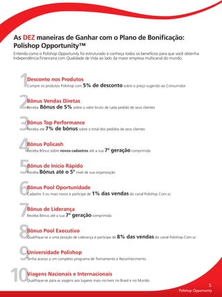 As DEZ maneiras de Ganhar com o Plano de Boniﬁcação:
         Polishop Opportunity™
         Entenda como o Polishop Opportunity foi estruturado e conheça todos os benefícios para que você obtenha
         Independência Financeira com Qualidade de Vida ao lado da maior empresa multicanal do mundo.




      1         Desconto nos Produtos
                Compre os produtos Polishop com 5% de desconto sobre o preço sugerido ao Consumidor




      2         Bônus Vendas Diretas
                Receba Bônus de 5% sobre o valor bruto de cada pedido de seus clientes




      3         Bônus Top Performance
                Receba até 7% de bônus sobre o total dos pedidos de seus clientes




      4         Bônus Policash
                Receba Bônus sobre novos cadastros até a sua 7ª     geração comprimida



      5         Bônus de Início Rápido
                Receba Bônus até o 5º nível de sua organização




      6         Bônus Pool Oportunidade
                Cadastre 3 ou mais novos e participe de 1%    das vendas do canal Polishop Com.vc



      7         Bônus de Liderança
                Receba Bônus até a sua 7ª geração comprimida




      8         Bônus Pool Executivo
                Qualiﬁque-se a uma posição de Liderança e participe de 8%    das vendas do canal Polishop Com.vc



      9         Universidade Polishop
                Tenha acesso a um completo programa de Treinamento e Reconhecimento




     10         Viagens Nacionais e Internacionais
                Qualiﬁque-se para as viagens aos lugares mais incríveis no Brasil e no Mundo
                                                                                                                            5
                                                                                                       Polishop Opportunity


guia.indd 5                                                                                                        16/05/2012 10:04:08
 