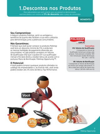 1.Descontos nos Produtos
                                  Para cada produto que você comprar para uso pessoal ou demonstração,
                            você terá direito a um mínimo de 5% de desconto sobre o preço do consumidor


                                                                                                             MOMENTO I




               Seu Compromisso:
               • Adquirir produtos Polishop, sentir as vantagens e
               benefícios do quanto eles facilitam a sua vida e utilizá-los
               para demonstração junto a potenciais consumidores.

               Nós Garantimos:
               • Sempre que você quiser comprar os produtos Polishop                                                 Conceitos
               você terá um desconto mínimo de 5% e ainda terá                                   VQ: Volume de Qualiﬁcação
               as mesmas facilidades de pagamento oferecidas aos                                        Corresponde ao Volume de
               consumidores. • Cada produto carregará um Volume                               Qualiﬁcação mensal que carrega cada
                                                                                             produto. Você precisará completar 300
               de Qualiﬁcação (VQ) que o ajudará em sua qualiﬁcação                           VQ’s mensal para receber Boniﬁcação
               mensal e lhe dará direito a receber bônus de acordo com o                                        R$ 1,00 = 1,00 VQ
               exclusivo Plano de Boniﬁcação: Polishop Opportunity™.
                                                                                                   VB: Volume de Boniﬁcação
               O Potencial:                                                                  Corresponde ao Volume de Boniﬁcação
               • Você poderá comprar quaisquer produtos ofertados no                        em Pontos que carrega cada produto. O
               catálogo do empreendedor e, ao ﬁnal do mês, você ainda                       VB é a base para cálculo da maioria dos
               poderá receber até 2% extra de Bônus Top Performance.                                  bônus.1,00 VB = 60% do VQ




                               Você




               5%                                                             30%
                                        5%
              de desconto                                                     de desconto


                                       de desconto


                                                                                                                                     7
                                                                                                              Polishop Opportunity


guia.indd 7                                                                                                                 16/05/2012 10:04:23
 