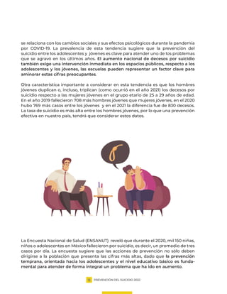 PREVENCIÓN DEL SUICIDIO 2022
11
se relaciona con los cambios sociales y sus efectos psicológicos durante la pandemia
por COVID-19. La prevalencia de esta tendencia sugiere que la prevención del
suicidio entre los adolescentes y jóvenes es clave para atender uno de los problemas
que se agravó en los últimos años. El aumento nacional de decesos por suicidio
también exige una intervención inmediata en los espacios públicos, respecto a los
adolescentes y los jóvenes, las escuelas pueden representar un factor clave para
aminorar estas cifras preocupantes.
Otra característica importante a considerar en esta tendencia es que los hombres
jóvenes duplican o, incluso, triplican (como ocurrió en el año 2021) los decesos por
suicidio respecto a las mujeres jóvenes en el grupo etario de 25 a 29 años de edad.
En el año 2019 fallecieron 708 más hombres jóvenes que mujeres jóvenes, en el 2020
hubo 769 más casos entre los jóvenes y en el 2021 la diferencia fue de 830 decesos.
La tasa de suicidio es más alta entre los hombres jóvenes, por lo que una prevención
efectiva en nuestro país, tendrá que considerar estos datos.
La Encuesta Nacional de Salud (ENSANUT) reveló que durante el 2020, mil 150 niñas,
niños o adolescentes en México fallecieron por suicidio, es decir, un promedio de tres
casos por día. La encuesta sugiere que las acciones de prevención no sólo deben
dirigirse a la población que presenta las cifras más altas, dado que la prevención
temprana, orientada hacia los adolescentes y el nivel educativo básico es funda-
mental para atender de forma integral un problema que ha ido en aumento.
 