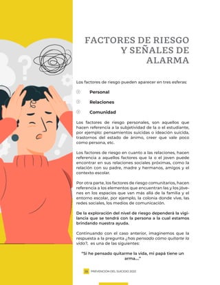 PREVENCIÓN DEL SUICIDIO 2022
19
FACTORES DE RIESGO
Y SEÑALES DE
ALARMA
Los factores de riesgo pueden aparecer en tres esferas:
Personal
Relaciones
Comunidad
Los factores de riesgo personales, son aquellos que
hacen referencia a la subjetividad de la o el estudiante,
por ejemplo: pensamientos suicidas o ideación suicida,
trastornos del estado de ánimo, creer que vale poco
como persona, etc.
Los factores de riesgo en cuanto a las relaciones, hacen
referencia a aquellos factores que la o el joven puede
encontrar en sus relaciones sociales próximas, como la
relación con su padre, madre y hermanos, amigos y el
contexto escolar.
Por otra parte, los factores de riesgo comunitarios, hacen
referencia a los elementos que encuentran las y los jóve-
nes en los espacios que van más allá de la familia y el
entorno escolar, por ejemplo, la colonia donde vive, las
redes sociales, los medios de comunicación.
De la exploración del nivel de riesgo dependerá la vigi-
lancia que se tendrá con la persona a la cual estamos
brindando nuestra ayuda.
Continuando con el caso anterior, imaginemos que la
respuesta a la pregunta ¿has pensado cómo quitarte la
vida?, es una de las siguientes:
“Si he pensado quitarme la vida, mi papá tiene un
arma….”
 