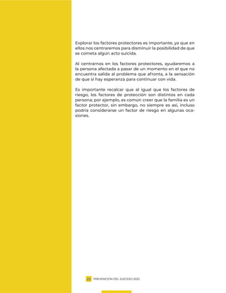 PREVENCIÓN DEL SUICIDIO 2022
23
Explorar los factores protectores es importante, ya que en
ellos nos centraremos para disminuir la posibilidad de que
se cometa algún acto suicida.
Al centrarnos en los factores protectores, ayudaremos a
la persona afectada a pasar de un momento en el que no
encuentra salida al problema que afronta, a la sensación
de que sí hay esperanza para continuar con vida.
Es importante recalcar que al igual que los factores de
riesgo, los factores de protección son distintos en cada
persona; por ejemplo, es común creer que la familia es un
factor protector, sin embargo, no siempre es así, incluso
podría considerarse un factor de riesgo en algunas oca-
siones.
 