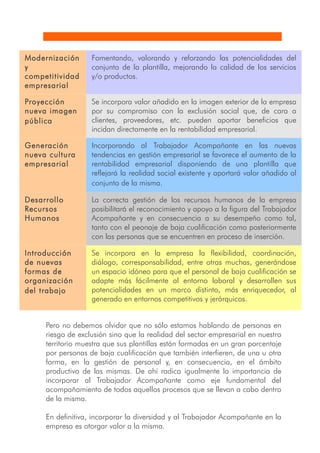 Modernización      Fomentando, valorando y reforzando las potencialidades del
y                  conjunto de la plantilla, mejorando la calidad de los servicios
competitividad     y/o productos.
empresarial

Proyección         Se incorpora valor añadido en la imagen exterior de la empresa
nueva imagen       por su compromiso con la exclusión social que, de cara a
pública            clientes, proveedores, etc. pueden aportar beneficios que
                   incidan directamente en la rentabilidad empresarial.

Generación         Incorporando al Trabajador Acompañante en las nuevas
nueva cultura      tendencias en gestión empresarial se favorece el aumento de la
empresarial        rentabilidad empresarial disponiendo de una plantilla que
                   reflejará la realidad social existente y aportará valor añadido al
                   conjunto de la misma.

Desarrollo         La correcta gestión de los recursos humanos de la empresa
Recursos           posibilitará el reconocimiento y apoyo a la figura del Trabajador
Humanos            Acompañante y en consecuencia a su desempeño como tal,
                   tanto con el peonaje de baja cualificación como posteriormente
                   con las personas que se encuentren en proceso de inserción.

Introducción       Se incorpora en la empresa la flexibilidad, coordinación,
de nuevas          diálogo, corresponsabilidad, entre otras muchas, generándose
formas de          un espacio idóneo para que el personal de baja cualificación se
organización       adapte más fácilmente al entorno laboral y desarrollen sus
del trabajo        potencialidades en un marco distinto, más enriquecedor, al
                   generado en entornos competitivos y jerárquicos.


     Pero no debemos olvidar que no sólo estamos hablando de personas en
     riesgo de exclusión sino que la realidad del sector empresarial en nuestro
     territorio muestra que sus plantillas están formadas en un gran porcentaje
     por personas de baja cualificación que también interfieren, de una u otra
     forma, en la gestión de personal y, en consecuencia, en el ámbito
     productivo de las mismas. De ahí radica igualmente la importancia de
     incorporar al Trabajador Acompañante como eje fundamental del
     acompañamiento de todos aquellos procesos que se llevan a cabo dentro
     de la misma.

     En definitiva, incorporar la diversidad y al Trabajador Acompañante en la
     empresa es otorgar valor a la misma.
 