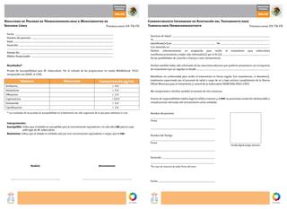 Gobierno                                                                                    Gobierno
                                                                                                             federal                                                                                     federal

                                                                                                             SALUD                                                                                       SALUD

Resultado de Pruebas de Fármacosensibilidad a Medicamentos de                                                                 Consentimiento Informado de Aceptación del Tratamiento para
Segunda Línea                                               Formulario 04 TB-FR                                               Tuberculosis Fármacorresistente                             Formulario 05 TB-FR

 Fecha:
 Nombre del paciente:
 Edad:
 Domicilio:

 Aislado No:
 Médico Responsable:


 Resultados*
 Prueba de Susceptibilidad para M. tuberculosis. Por el método de las proporciones en medio Middlebrook 7H10
 enriquecido con OADC al 10%.

              Fármaco                                     Resultado                          Concentración µg/mL
                                                                                                             4.0
                                                                                                             5.0
                                                                                                             2.0
                                                                                                            10.0
                                                                                                             5.0
                                                                                                             2.0
 * Los resultados de las pruebas de susceptibilidad en el laboratorio son sólo sugerentes de lo que pasa realmente in vivo.


 Interpretación:
 Susceptible: Indica que el aislado es susceptible para la concentración equivalente a la más alta CMI para la cepa
              wild-type de M. tuberculosis.
 Resistente: Indica que el aislado es inhibido solo por una concentración equivalente o mayor que la CMI.


                                                                                                                                                                              Huella digital pulgar derecho




                        Realizó                                                              Atentamente
 