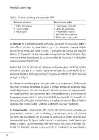 Alberto Espina y Asunción Ortego


        Tabla 3. Síntomas primarios y asociados en el TDAH
             Síntomas primarios                          Síntomas asociados
             1. Déficit de atención.                     1. Problemas de conducta.
             2. Hiperactividad.                          2. Déficit de aprendizaje.
             3. Impulsividad.                            3. Problemas de relación.
                                                         4. Bajo nivel de autoestima.
                                                         5. Alteraciones emocionales.

        La atención es la focalización de la conciencia, su función es seleccionar datos y
        utiliza filtros para dejar de lado estímulos que no son relevantes. La capacidad de
        la atención es influida por varios factores: 1) evaluación de esfuerzo que requiere
        la tarea, 2) disposición estable orientada a la supervivencia, 3) orientación a obje-
        tivos transitorios dependientes de las necesidades del momento y 4) el nivel de
        activación emocional (arousal).

        Existen dos tipos de atención: a) voluntaria, la utilizamos para mantener nuestra
        conciencia centrada en un objeto, requiere un esfuerzo de concentración. b) es-
        pontánea, sujeta a estímulos externos y asociada al sistema de alerta que nos
        protege de peligros.

        Los elementos que la componen: enfoque, selección y sostenimiento. Cada uno de
        ellos hace referencia a tres fases o etapas: el enfoque consiste en elegir algo hacia
        donde dirigir nuestra atención, con la selección nos centrarnos en algo que recla-
        ma nuestra atención es ese momento y por último sostenemos la atención todo el
        tiempo que sea necesario. El sostenimiento de la atención esta condicionada por
        la organización, dirección, mantenimiento y el esfuerzo invertido. Si esto falla se
        cometen más errores. En los TDAH falla la atención selectiva y sostenida.

        La hiperactividad, como hemos visto, va más allá del típico niño «movido», no
        paran quietos, realizan conductas de riesgo, se balancean, tocan todo, hablan
        sin parar, etc. En relación con el exceso de actividad se utilizan términos que
        conviene distinguir: La hiperactividad se asocia a un rasgo de conducta desorga-
        nizada y caótica. La sobreactividad hace referencia a la excesiva movilidad mo-
        tivada por diferentes causas y está presente en condiciones de normalidad y


  10
Guia_TDAH_Oct'06.pmd                       10                          17/10/2006, 15:04
 