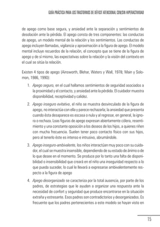 GUÍA PRÁCTICA PARA LOS TRASTORNOS DE DÉFICIT ATENCIONAL CON/SIN HIPERACTIVIDAD


            de apego como base segura, y ansiedad ante la separación y sentimientos de
            desolación ante la pérdida. El apego consta de tres componentes: las conductas
            de apego, un modelo mental de la relación y los sentimientos. Las conductas de
            apego incluyen llamadas, vigilancia y aproximación a la figura de apego. El modelo
            mental incluye recuerdos de la relación, el concepto que se tiene de la figura de
            apego y de sí mismo, las expectativas sobre la relación y la visión del contexto en
            el cual se sitúa la relación.

            Existen 4 tipos de apego (Ainsworth, Blehar, Waters y Wall, 1978; Main y Solo-
            mon, 1986, 1990):
                 1. Apego seguro, en el cual hallamos sentimientos de seguridad asociados a
                    la proximidad y el contacto, y ansiedad ante la pérdida. El cuidador muestra
                    disponibilidad, receptividad y calidez.
                 2. Apego inseguro evitativo, el niño se muestra desvinculado de la figura de
                    apego, no interactúa con ella y parece rechazarla; la ansiedad que presenta
                    cuando ésta desaparece es escasa o nula y al regresar, en general, la igno-
                    ra o rechaza. Loas figuras de apego expresan abiertamente cólera, resenti-
                    miento y una constante oposición a los deseos de los hijos, a quienes riñen
                    con mucha frecuencia. Suelen tener poco contacto físico con sus hijos,
                    pero al tenerlo éste es intenso e intrusivo, abrumándole.
                 3. Apego inseguro-ambivalente, los niños interactúan muy poco con su cuida-
                    dor, el cual se muestra insensible, dependiendo de su estado de ánimo o de
                    lo que desee en el momento. Se produce por lo tanto una falta de disponi-
                    bilidad o insensibilidad que creará en el niño una inseguridad respecto a lo
                    que pueda suceder, lo cual le llevará a expresarse ambivalentemente res-
                    pecto a la figura de apego
                 4. Apego desorganizado se caracteriza por la total ausencia, por parte de los
                    padres, de estrategias que le ayuden a organizar una respuesta ante la
                    necesidad de confort y seguridad que produce encontrarse en la situación
                    extraña y estresante. Esos padres son contradictorios y desorganizados. Es
                    frecuente que los padres pertenecientes a este modelo se hayan visto en



                                                                                                                15
Guia_TDAH_Oct'06.pmd               15                                         17/10/2006, 15:04
 