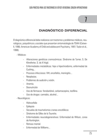 GUÍA PRÁCTICA PARA LOS TRASTORNOS DE DÉFICIT ATENCIONAL CON/SIN HIPERACTIVIDAD



                                                                                                           7
                                             DIAGNÓSTICO DIFERENCIAL


            El diagnóstico diferencial debe realizarse con trastornos y problemas médicos, neu-
            rológicos, psiquiátricos y sociales que presentan sintomatología de TDAH (Catwe-
            ll, 1996; American Academy of Child and adolescent Psychiatry, 1997; Taylor et al.,
            1998).
                 - Médicos:
                       -    Alteraciones genéticas cromosómicas: Síndrome de Turner, S. De
                            Klineferter, S. de X frágil.
                        - Enfermedades metabólicas: hipo o hipertiroidismo, enfermedad de
                            Cushing...
                        - Procesos infecciosos: VIH, encefalitis, meningitis...
                        - Neoplasias.
                        - Problemas de audición y visión.
                        - Anemia.
                        - Desnutrición
                        - Uso de fármacos: fenobarbital, carbamacepina, teofilina.
                        - Uso de drogas: cannabis, alcohol...
                 - Neurológicos:
                       -      Hidrocefalia
                       -      Epilepsia
                       -      Secuelas de traumatismos craneo-encefálicos
                       -      Síndrome de Gilles de la Tourette.
                       -      Enfermedades neurodegenerativas: Enfermedad de Wilson, corea
                              de Huntington.
                       -      Retraso mental.
                       -      Enfermedad de Williams...

                                                                                                                  25
Guia_TDAH_Oct'06.pmd                 25                                         17/10/2006, 15:04
 