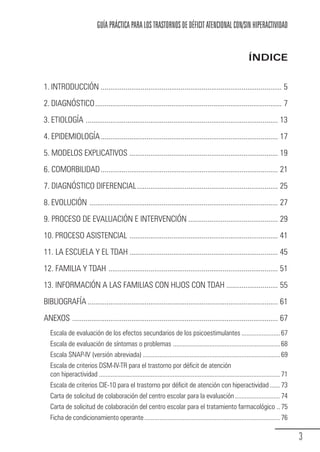 GUÍA PRÁCTICA PARA LOS TRASTORNOS DE DÉFICIT ATENCIONAL CON/SIN HIPERACTIVIDAD


                                                                                                                           ÍNDICE


            1. INTRODUCCIÓN ............................................................................................... 5
            2. DIAGNÓSTICO.................................................................................................. 7
            3. ETIOLOGÍA ..................................................................................................... 13
            4. EPIDEMIOLOGÍA ............................................................................................. 17
            5. MODELOS EXPLICATIVOS .............................................................................. 19
            6. COMORBILIDAD ............................................................................................. 21
            7. DIAGNÓSTICO DIFERENCIAL .......................................................................... 25
            8. EVOLUCIÓN ................................................................................................... 27
            9. PROCESO DE EVALUACIÓN E INTERVENCIÓN ............................................... 29
            10. PROCESO ASISTENCIAL .............................................................................. 41
            11. LA ESCUELA Y EL TDAH .............................................................................. 45
            12. FAMILIA Y TDAH ......................................................................................... 51
            13. INFORMACIÓN A LAS FAMILIAS CON HIJOS CON TDAH ........................... 55
            BIBLIOGRAFÍA .................................................................................................... 61
            ANEXOS ............................................................................................................ 67
               Escala de evaluación de los efectos secundarios de los psicoestimulantes ....................... 67
               Escala de evaluación de síntomas o problemas ................................................................ 68
               Escala SNAP-IV (versión abreviada) .................................................................................. 69
               Escala de criterios DSM-IV-TR para el trastorno por déficit de atención
               con hiperactividad ............................................................................................................ 71
               Escala de criterios CIE-10 para el trastorno por déficit de atención con hiperactividad ...... 73
               Carta de solicitud de colaboración del centro escolar para la evaluación ........................... 74
               Carta de solicitud de colaboración del centro escolar para el tratamiento farmacológico .. 75
               Ficha de condicionamiento operante ................................................................................. 76

                                                                                                                                                    3
Guia_TDAH_Oct'06.pmd                          3                                                         17/10/2006, 15:04
 