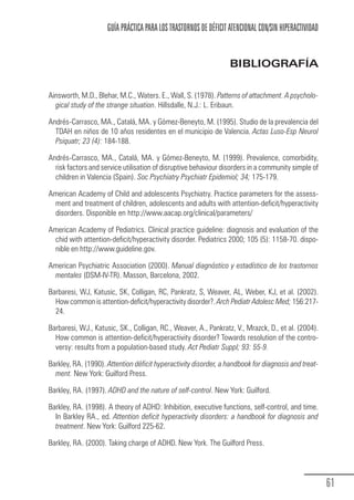 GUÍA PRÁCTICA PARA LOS TRASTORNOS DE DÉFICIT ATENCIONAL CON/SIN HIPERACTIVIDAD


                                                                              BIBLIOGRAFÍA

            Ainsworth, M.D., Blehar, M.C., Waters. E., Wall, S. (1978). Patterns of attachment. A psycholo-
              gical study of the strange situation. Hillsdalle, N.J.: L. Eribaun.

            Andrés-Carrasco, MA., Catalá, MA. y Gómez-Beneyto, M. (1995). Studio de la prevalencia del
              TDAH en niños de 10 años residentes en el municipio de Valencia. Actas Luso-Esp Neurol
              Psiquatr; 23 (4): 184-188.

            Andrés-Carrasco, MA., Catalá, MA. y Gómez-Beneyto, M. (1999). Prevalence, comorbidity,
              risk factors and service utilisation of disruptive behaviour disorders in a community simple of
              children in Valencia (Spain). Soc Psychiatry Psychiatr Epidemiol; 34; 175-179.

            American Academy of Child and adolescents Psychiatry. Practice parameters for the assess-
             ment and treatment of children, adolescents and adults with attention-deficit/hyperactivity
             disorders. Disponible en http://www.aacap.org/clinical/parameters/

            American Academy of Pediatrics. Clinical practice guideline: diagnosis and evaluation of the
             chid with attention-deficit/hyperactivity disorder. Pediatrics 2000; 105 (5): 1158-70. dispo-
             nible en http://www.guideline.gov.

            American Psychiatric Association (2000). Manual diagnóstico y estadístico de los trastornos
             mentales (DSM-IV-TR). Masson, Barcelona, 2002.

            Barbaresi, WJ, Katusic, SK, Colligan, RC, Pankratz, S, Weaver, AL, Weber, KJ, et al. (2002).
              How common is attention-deficit/hyperactivity disorder?. Arch Pediatr Adolesc Med; 156:217-
              24.

            Barbaresi, WJ., Katusic, SK., Colligan, RC., Weaver, A., Pankratz, V., Mrazck, D., et al. (2004).
              How common is attention-deficit/hyperactivity disorder? Towards resolution of the contro-
              versy: results from a population-based study. Act Pediatr Suppl; 93: 55-9.

            Barkley, RA. (1990). Attention déficit hyperactivity disorder, a handbook for diagnosis and treat-
              ment. New York: Guilford Press.

            Barkley, RA. (1997). ADHD and the nature of self-control. New York: Guilford.

            Barkley, RA. (1998). A theory of ADHD: Inhibition, executive functions, self-control, and time.
              In Barkley RA., ed. Attention deficit hyperactivity disorders: a handbook for diagnosis and
              treatment. New York: Guilford 225-62.

            Barkley, RA. (2000). Taking charge of ADHD. New York. The Guilford Press.




                                                                                                                  61
Guia_TDAH_Oct'06.pmd                 61                                         17/10/2006, 15:04
 