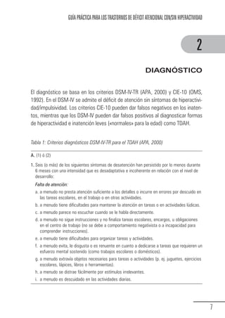 GUÍA PRÁCTICA PARA LOS TRASTORNOS DE DÉFICIT ATENCIONAL CON/SIN HIPERACTIVIDAD



                                                                                                              2
                                                                                DIAGNÓSTICO


            El diagnóstico se basa en los criterios DSM-IV-TR (APA, 2000) y CIE-10 (OMS,
            1992). En el DSM-IV se admite el déficit de atención sin síntomas de hiperactivi-
            dad/impulsividad. Los criterios CIE-10 pueden dar falsos negativos en los inaten-
            tos, mientras que los DSM-IV pueden dar falsos positivos al diagnosticar formas
            de hiperactividad e inatención leves («normales» para la edad) como TDAH.


            Tabla 1: Criterios diagnósticos DSM-IV-TR para el TDAH (APA, 2000)

            A. (1) ó (2)
            1. Seis (o más) de los siguientes síntomas de desatención han persistido por lo menos durante
               6 meses con una intensidad que es desadaptativa e incoherente en relación con el nivel de
               desarrollo:
               Falta de atención:
               a. a menudo no presta atención suficiente a los detalles o incurre en errores por descuido en
                  las tareas escolares, en el trabajo o en otras actividades.
               b. a menudo tiene dificultades para mantener la atención en tareas o en actividades lúdicas.
               c. a menudo parece no escuchar cuando se le habla directamente.
               d. a menudo no sigue instrucciones y no finaliza tareas escolares, encargos, u obligaciones
                  en el centro de trabajo (no se debe a comportamiento negativista o a incapacidad para
                  comprender instrucciones).
               e. a menudo tiene dificultades para organizar tareas y actividades.
               f. a menudo evita, le disgusta o es renuente en cuanto a dedicarse a tareas que requieren un
                  esfuerzo mental sostenido (como trabajos escolares o domésticos).
               g. a menudo extravía objetos necesarios para tareas o actividades (p. ej. juguetes, ejercicios
                  escolares, lápices, libros o herramientas).
               h. a menudo se distrae fácilmente por estímulos irrelevantes.
               i. a menudo es descuidado en las actividades diarias.




                                                                                                                     7
Guia_TDAH_Oct'06.pmd                    7                                          17/10/2006, 15:04
 