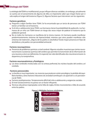 16
Etiología del TDAH
La etiología delTDAH es multifactorial, ya que influyen diversas variables; sin embargo, actualmente
se cuenta con el conocimiento de algunos de ellos; es importante saber que ningún factor por sí
solo explica el origen del trastorno (Figura 3). Algunos factores que intervienen son los siguientes:
Factores genéticos
	 Pregunte si algún familiar tiene TDAH. Se ha encontrado que un tercio de personas con TDAH
tienen un familiar con el trastorno.
	 Si el niño o adolescente tiene TDAH, sus hermanos tienen la probabilidad de padecerlo. Los her-
manos de un niño con TDAH tienen un riesgo dos veces mayor de padecer el trastorno que la
población general.
	 No en todos los hermanos se manifiesta de la misma manera. Un hermano puede manifestar
predominantemente síntomas de hiperactividad, mientras que otros pueden manifestar sólo
síntomas de inatención. ¿Alguno de los padres es alcohólico? Existe mayor presencia en hijos de
alcohólicos y de padres con personalidad antisocial.
Factores neuroquímicos
	 Presencia de problemas químicos a nivel cerebral. Algunos estudios muestran que ciertos neuro-
transmisores (sustancias químicas del cerebro que permiten la transmisión de la información de
una neurona a otra) son deficientes. En especial, han sido identificados dos neurotransmisores: la
dopamina y la norepinefrina.
Factores neuroanatómicos y fisiológicos
	 Las áreas cerebrales involucradas son: la corteza prefrontal, los núcleos basales del cerebro y el
cerebelo.
Factores psicosociales
	 La familia es muy importante. Las vivencias que producen estrés psicológico, la pérdida del equi-
librio familiar y otros factores inductores de ansiedad contribuyen a la aparición o a la persisten-
cia de TDAH.
	 Factores predisponentes. Temperamento difícil del niño o adolescente y exigencias sociales.
	 El nivel socioeconómico no parece ser un factor influyente.
	 Técnicas educativas inapropiadas como falta de reglas, límites inconsistentes o falta de acuerdo
entre los padres.
Figura 3. Múltiples factores etiológicos.
T
D
A
H
5
Origen genético
Neuroanatómico
Neuroquímico
Lesiones del SNC
Factores
Psicosociales
 