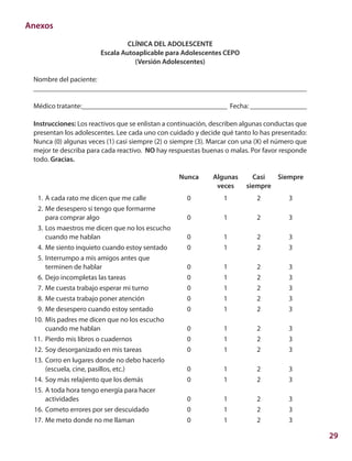 29
Anexos
CLÍNICA DEL ADOLESCENTE
Escala Autoaplicable para Adolescentes CEPO
(Versión Adolescentes)
Nombre del paciente:
_____________________________________________________________________________
Médico tratante:_________________________________________ Fecha: ________________
Instrucciones: Los reactivos que se enlistan a continuación, describen algunas conductas que
presentan los adolescentes. Lee cada uno con cuidado y decide qué tanto lo has presentado:
Nunca (0) algunas veces (1) casi siempre (2) o siempre (3). Marcar con una (X) el número que
mejor te describa para cada reactivo. NO hay respuestas buenas o malas. Por favor responde
todo. Gracias.
			 Nunca	 Algunas	 Casi	 Siempre
				 veces	 siempre
	 1.	A cada rato me dicen que me calle	 0	 1	 2	 3
	 2.	Me desespero si tengo que formarme
		para comprar algo	 0	 1	 2	 3
	 3.	Los maestros me dicen que no los escucho
		cuando me hablan	 0	 1	 2	 3 	
	 4.	Me siento inquieto cuando estoy sentado	 0	 1	 2	 3
	 5.	Interrumpo a mis amigos antes que
		terminen de hablar	 0	 1	 2	 3
	 6.	Dejo incompletas las tareas	 0	 1	 2	 3
	 7.	Me cuesta trabajo esperar mi turno	 0	 1	 2	 3
	 8.	Me cuesta trabajo poner atención	 0	 1	 2	 3
	 9.	Me desespero cuando estoy sentado	 0	 1	 2	 3
	10.	Mis padres me dicen que no los escucho
		cuando me hablan	 0	 1	 2	 3
11.		Pierdo mis libros o cuadernos	 0	 1	 2	 3
	12.	Soy desorganizado en mis tareas	 0	 1	 2	 3
	13.	Corro en lugares donde no debo hacerlo
		(escuela, cine, pasillos, etc.)	 0	 1	 2	 3
	14.	Soy más relajiento que los demás	 0	 1	 2	 3
	15.	A toda hora tengo energía para hacer
		actividades 	 0	 1	 2	 3
	16.	Cometo errores por ser descuidado	 0	 1	 2	 3
	17.	Me meto donde no me llaman	 0	 1	 2	 3
 