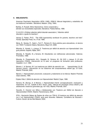 35
9. BIBLIOGRAFÍA:
American Psychiatric Association (APA) (1995). DSM-IV. Manual diagnóstico y estadístico de
los trastornos mentales . Barcelona: Masson. (Orig. 1994).
Barkley, A. Russell. Niños Hiperactivos. Cómo comprender y
atender sus necesidades especiales. Barcelona: Paidos Ibérica, 1999.
C.H.A.D.D. (Children attention deficit disorder association.) “Attention deficit
disorders: a guide for teachers”.
Harvey C. Parker, Ph.D. “The ADD hyperactivity workbook for parents, teachers and kids”.
Florida, Specialty Press, Inc. 3º ed. 1999.
Mena, B., Nicolau R., Salat L.,Tort P., Romero B. Guía práctica para educadores, el alumno
con TDAH. Fundación Adana, Barcelona, Mayo S.A. 2006.
Miranda, A., Amado, L y Jarque, S. Trastornos por déficit de atención con hiperactividad: Una
guía práctica .España, Aljibe, 2001.
Miranda, A. Roselló, B y Soriano, M. Estudiantes con deficiencias atencionales. Valencia:
Promolibro, 1998.
Miranda, A., Presentación, M.J., Gargallo, B., Soriano, M., Gil, M.D. y Jarque, S. El niño
hiperactivo (TDAH). Intervención en el aula: un programa de formación para profesores.
Castellón: U.J.I. 1999.
Moreno, I. & Servera, M. Los trastornos por déficit de atención con hiperactividad. En M.
Servera (coord.), Intervención en los trastornos del comportamiento infantil (pp. 217-254).
Madrid: Pirámide, 2002.
Moreno, I. Hiperactividad: prevención, evaluación y tratamiento en la infancia. Madrid: Pirámide
(Ojos solares), 1995.
Orjales Villar,I. Déficit de atención con Hiperactividad. Madrid: Cepe, 1998.
Servera, M., Bornas, X. & Moreno, I. Hiperactividad infantil: conceptualización, evaluación y
tratamiento. En V.E. Caballo & M.A. Simon, (eds.). Manual de psicología clínica infantil y del
adolescente: trastornos generales (pp. 401-433). Madrid; Pirámide, 2001.
Soutullo, C. Convivir con Niños y Adolescentes con Trastorno por Déficit de Atención e
Hiperactividiad (TDAH). Madrid, Panamericana, 2004.
STILL, Asociación Balear de Padres de niños con TDA-H. El trastorno por déficit de atención
con y sin hiperactividad (TDAH): guía para docentes. Baleares, Conselleria de Educació i
Cultura. Govern de les Illes Balears, 2004.
 